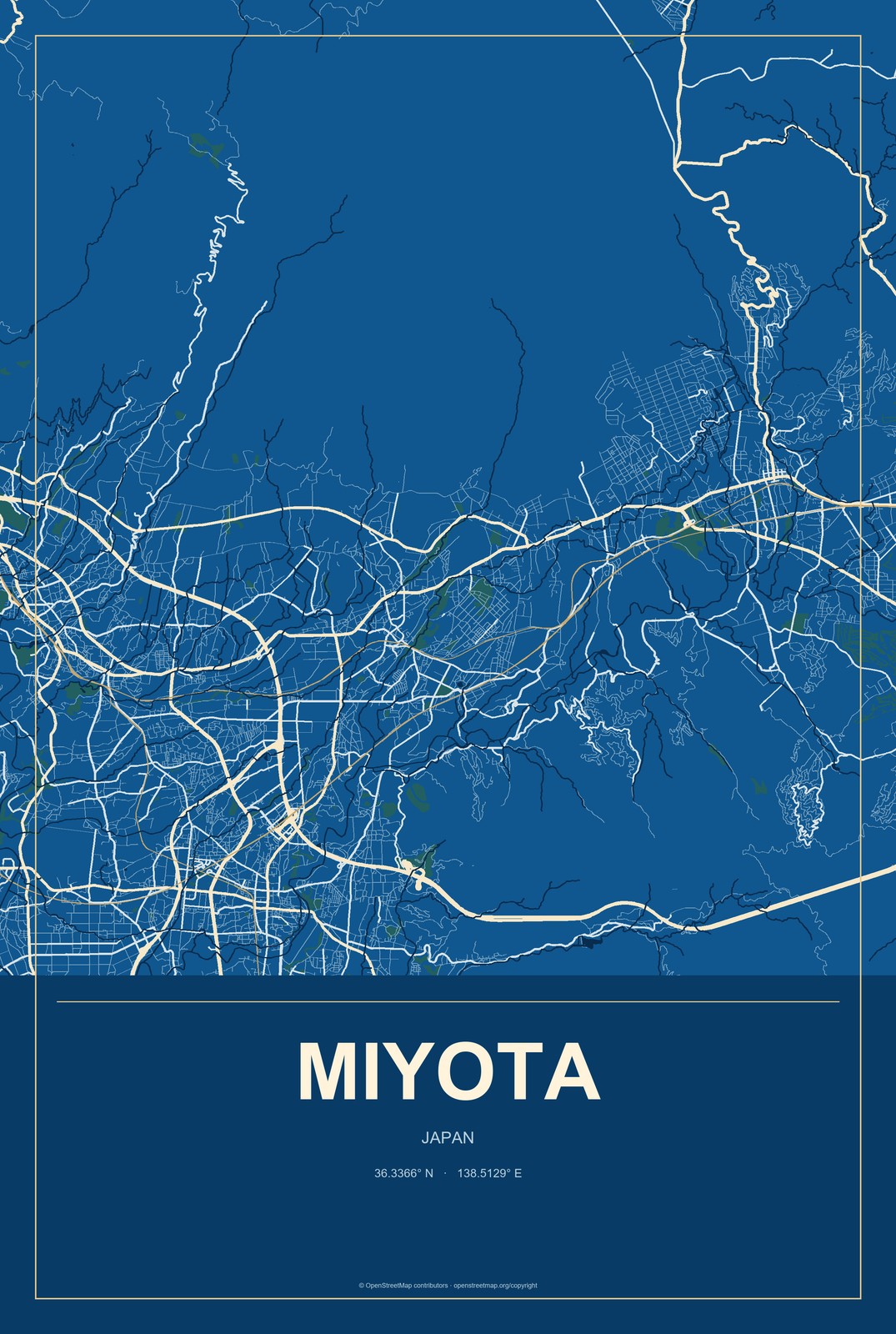 Miyota, Japan City Map Aluminum Sign in Harbor Cobalt style