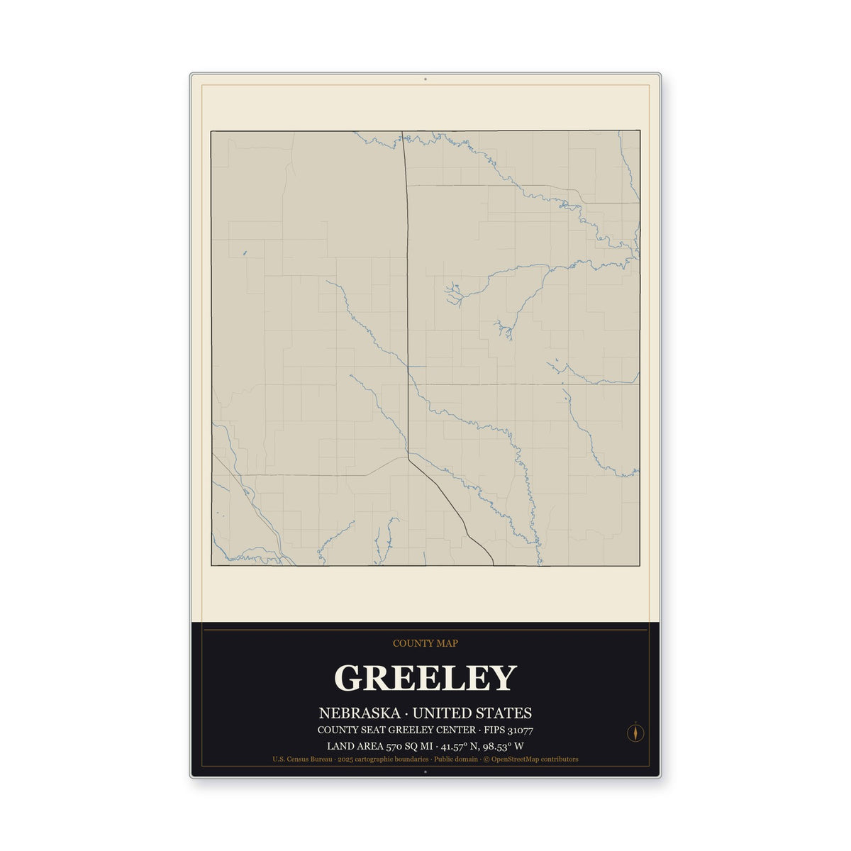 Greeley County, Nebraska Map Aluminum Sign in Museum Plaque style