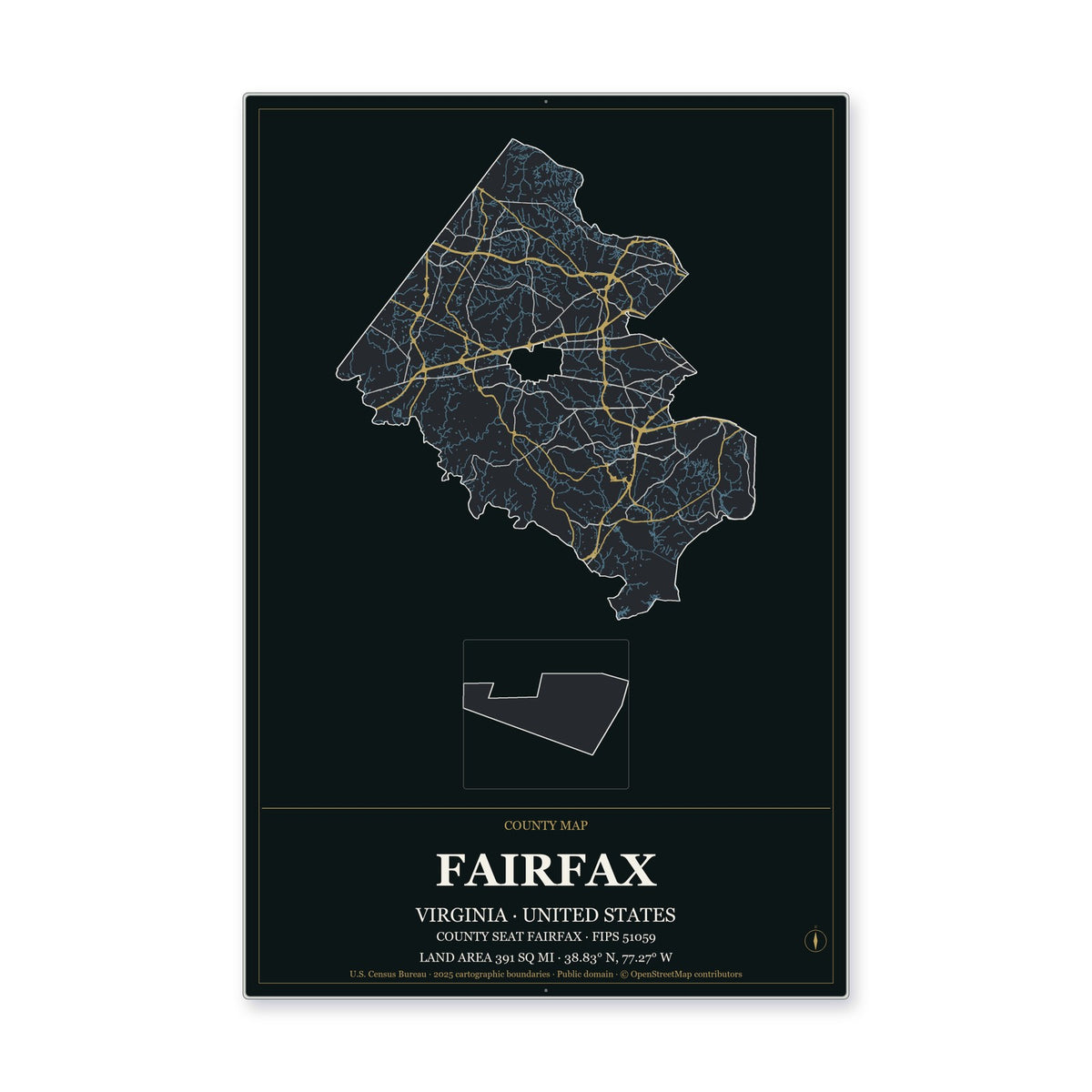 Fairfax County, Virginia Map Aluminum Sign in Metropolitan Noir style