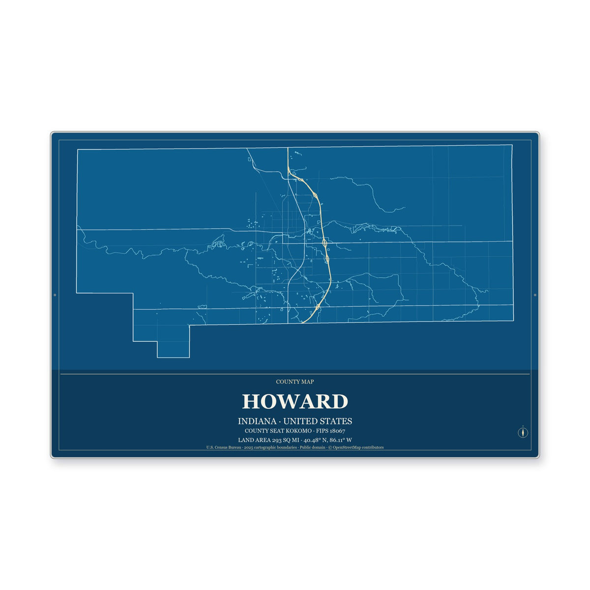 Howard County, Indiana Map Aluminum Sign in Harbor Cobalt style