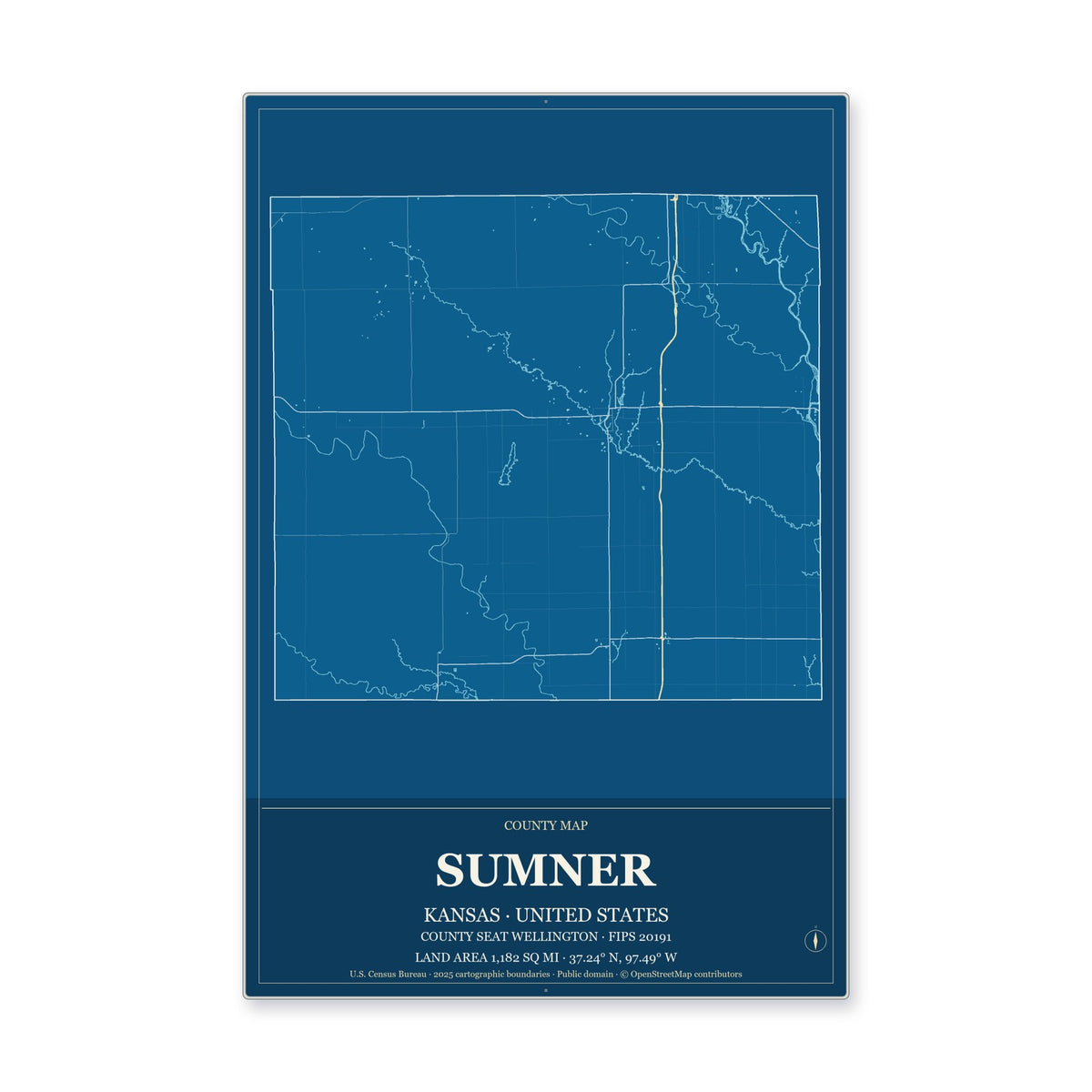 Sumner County, Kansas Map Aluminum Sign in Harbor Cobalt style