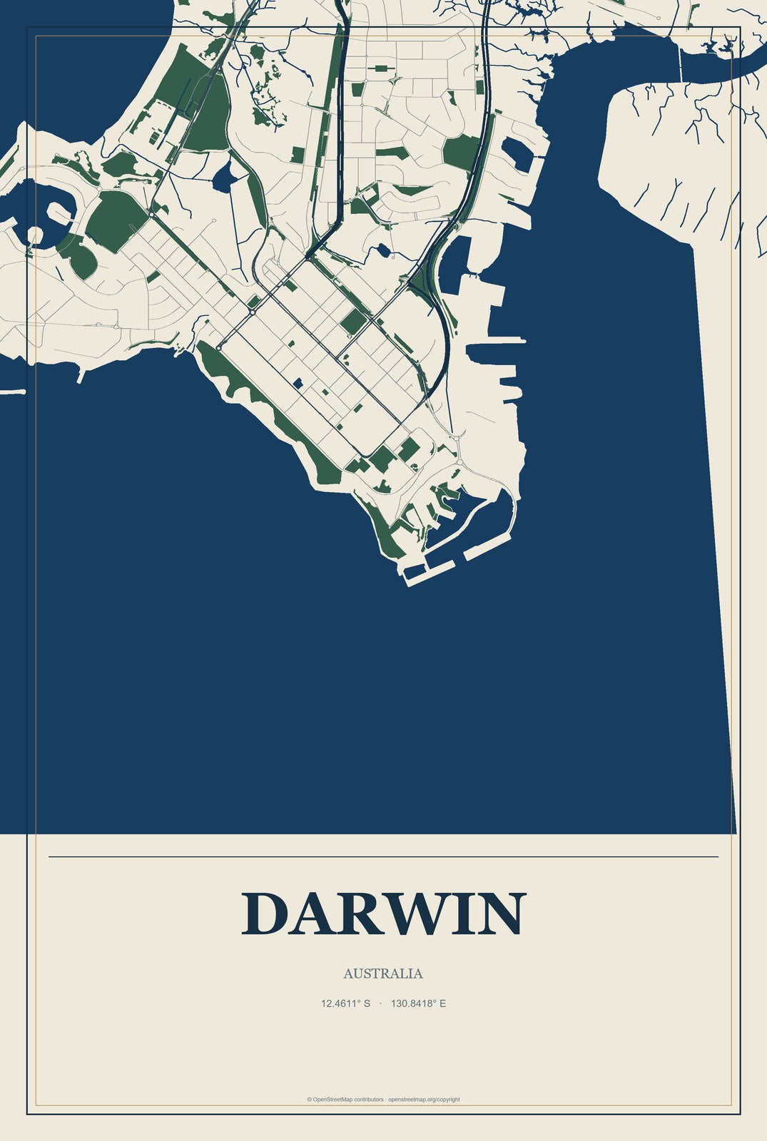 Darwin, Australia City Map Aluminum Sign in Coastal Cutout style