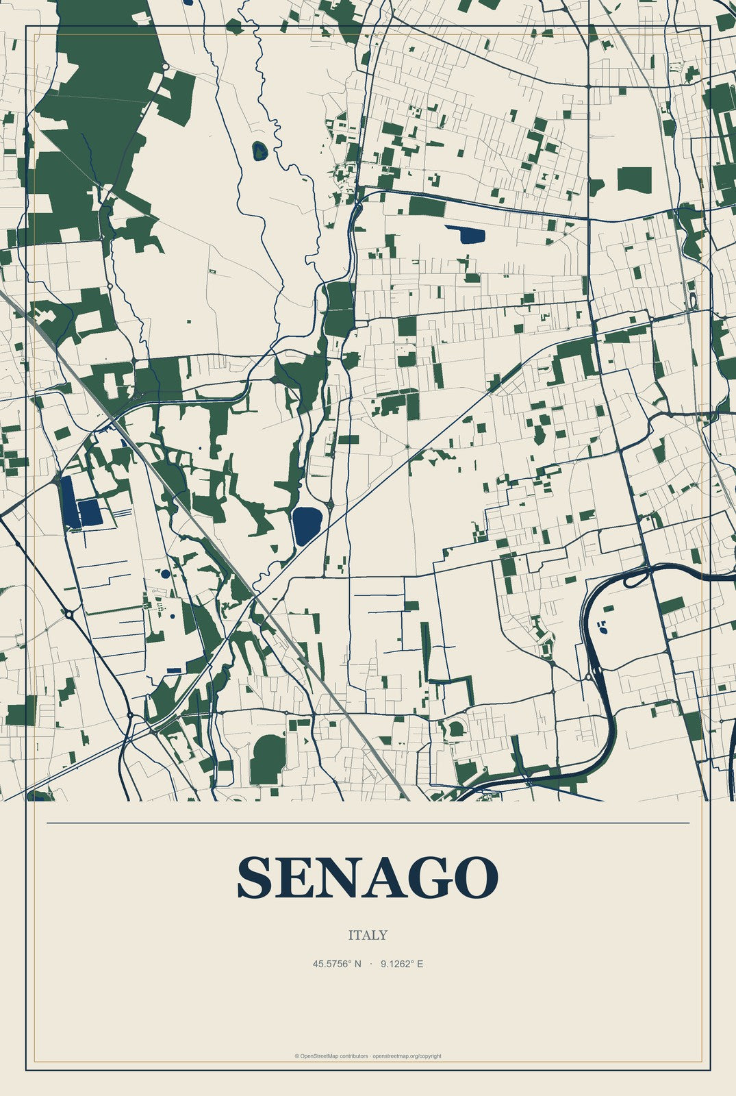 Senago, Italy City Map Aluminum Sign in Coastal Cutout style