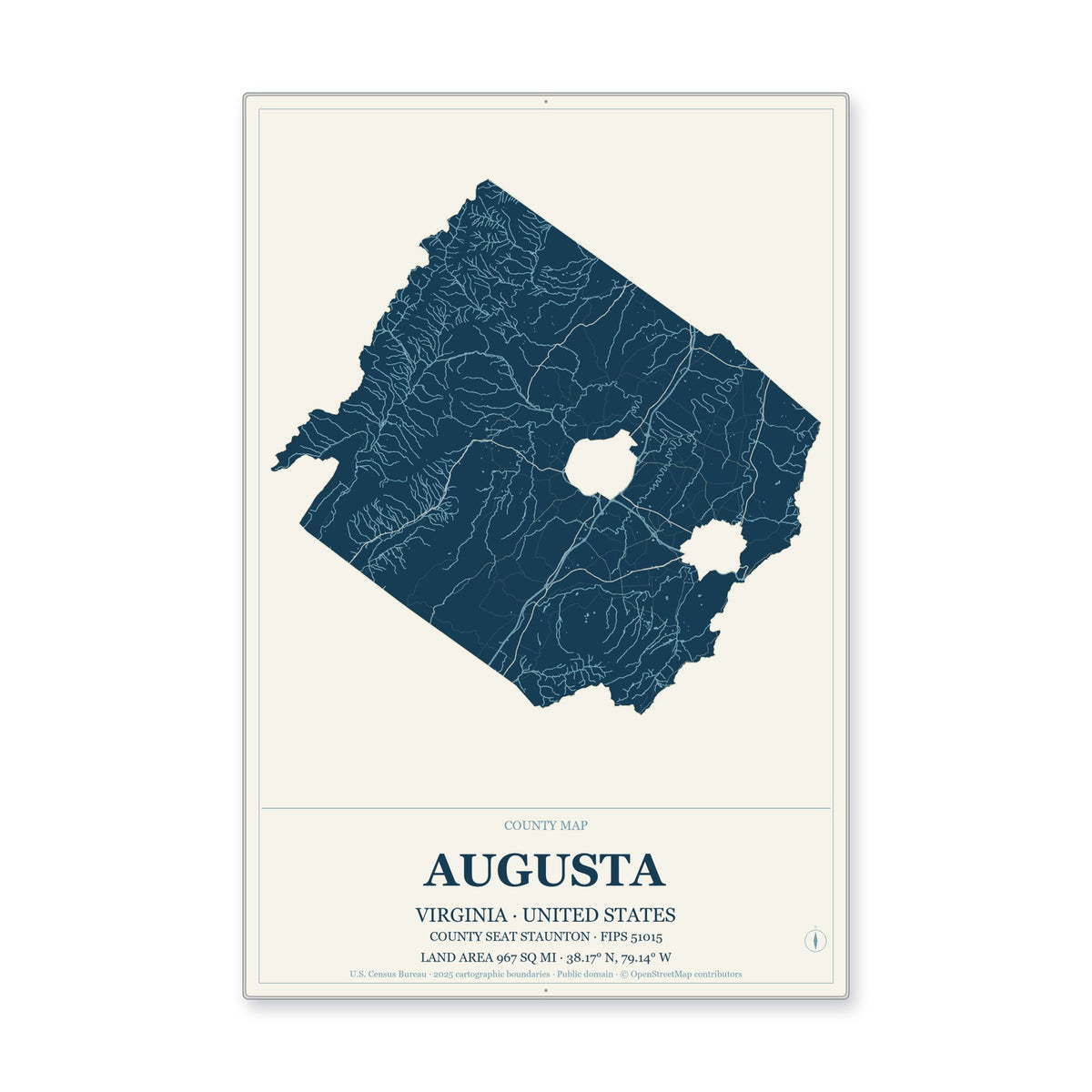 Augusta County, Virginia Map Aluminum Sign in Coastal Cutout style