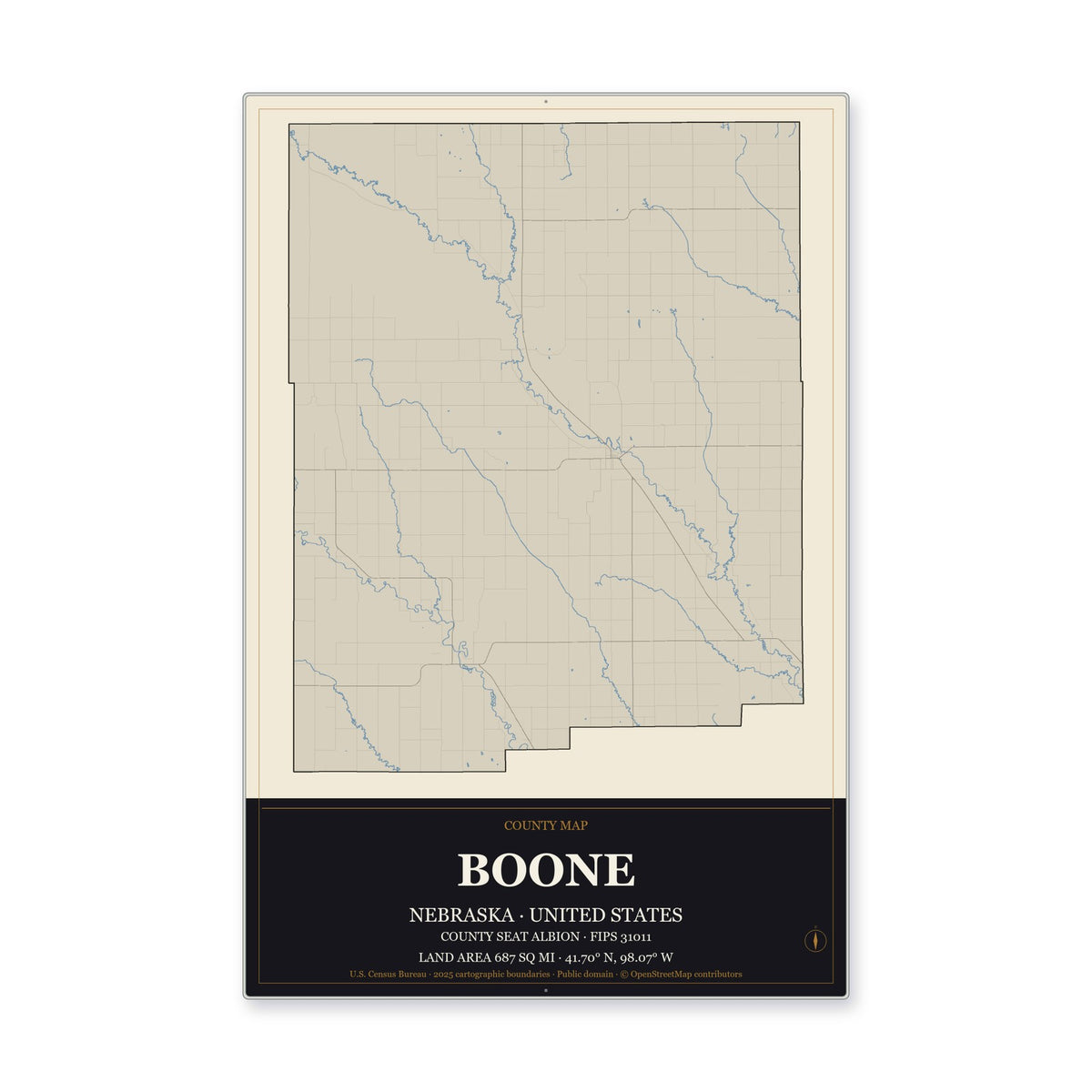 Boone County, Nebraska Map Aluminum Sign in Museum Plaque style