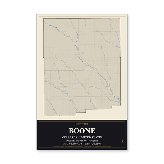 Boone County, Nebraska Map Aluminum Sign in Museum Plaque style