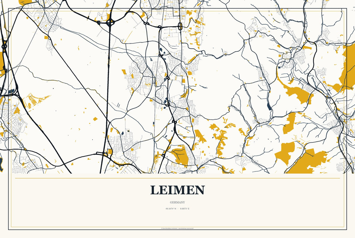 Leimen, Germany City Map Aluminum Sign in Citrine Modern style