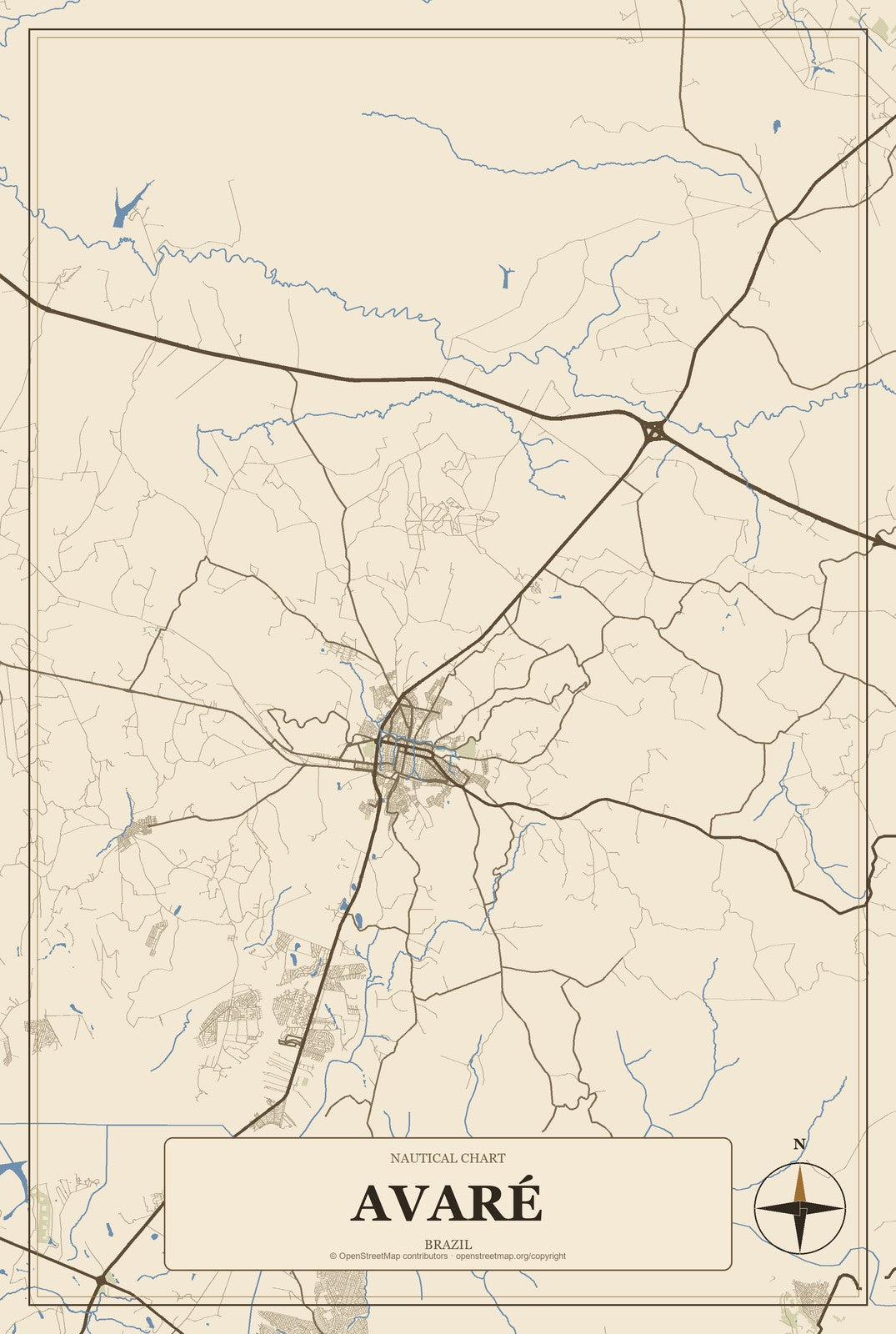 Avaré, Brazil City Map Aluminum Sign in Heritage Nautical style