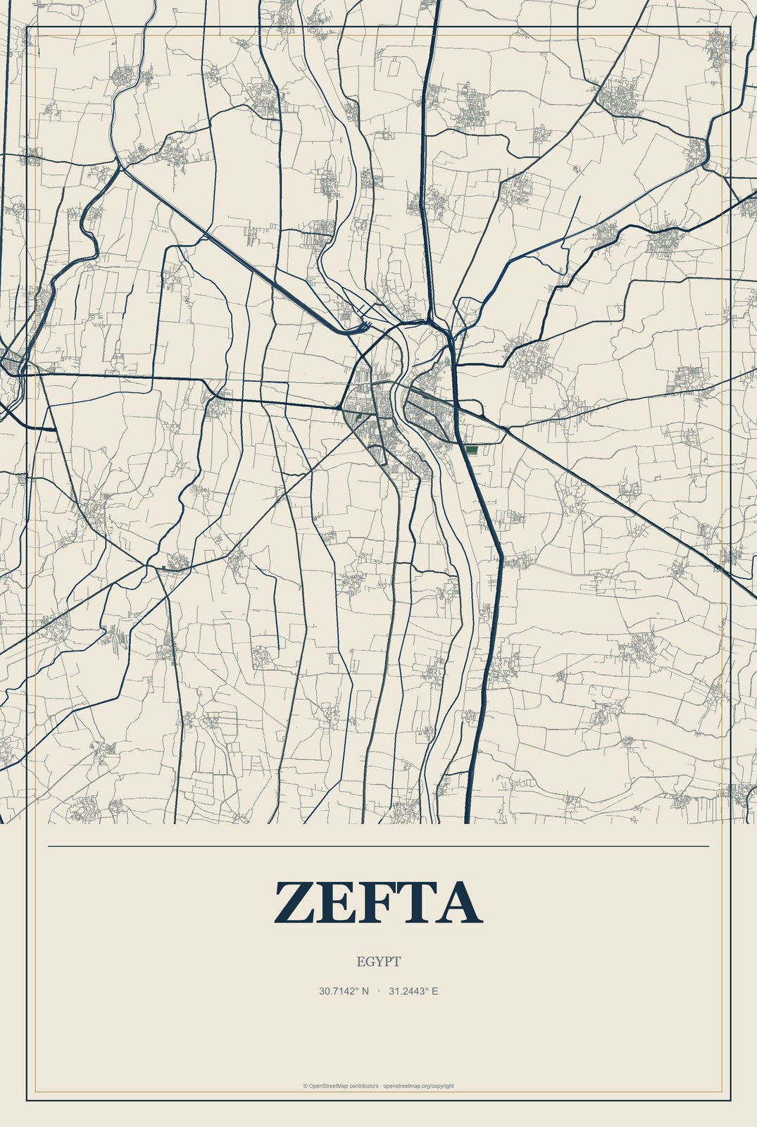 Zefta, Egypt City Map Aluminum Sign in Coastal Cutout style