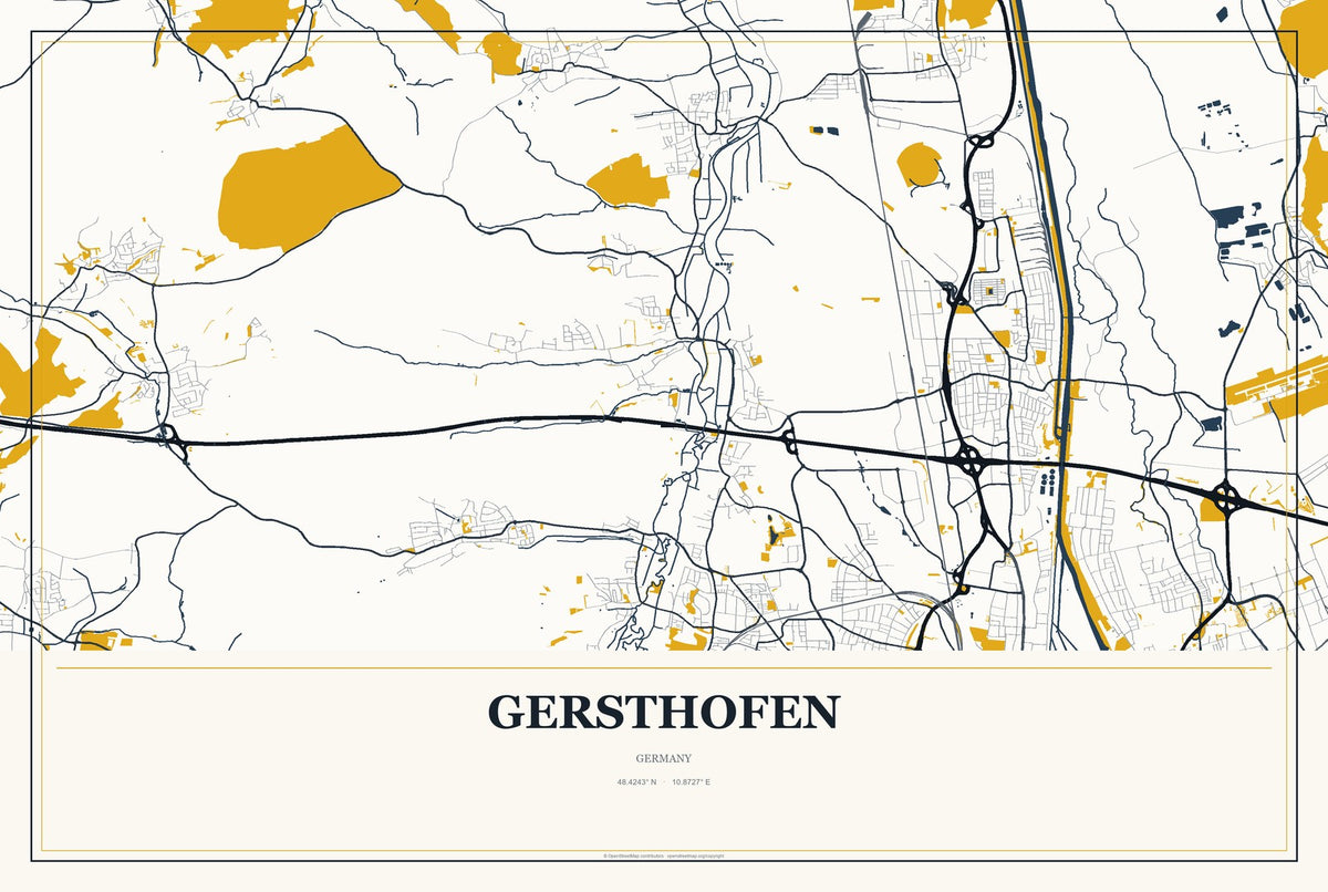 Gersthofen, Germany City Map Aluminum Sign in Citrine Modern style