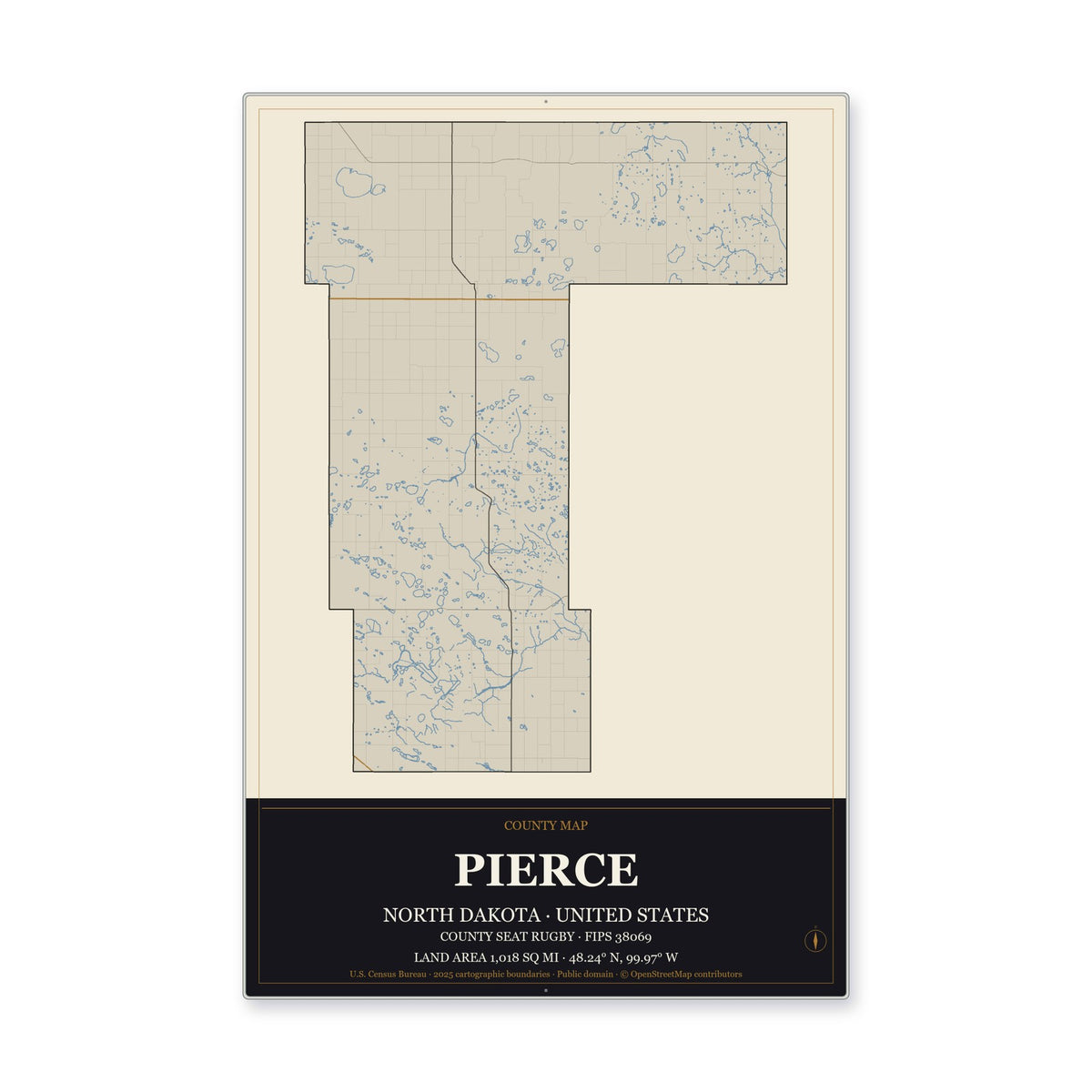 Pierce County, North Dakota Map Aluminum Sign in Museum Plaque style