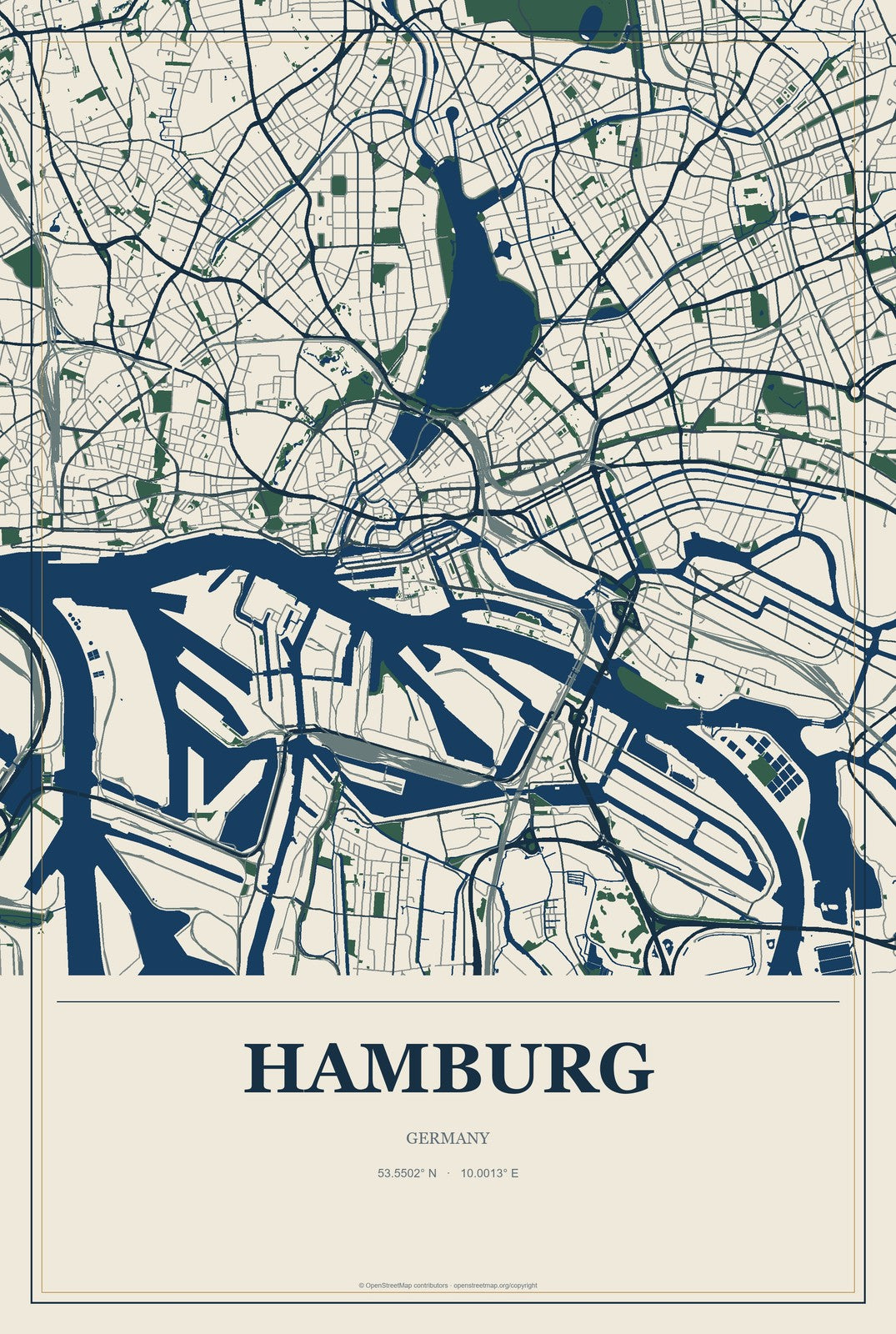 Hamburg, Germany City Map Aluminum Sign in Coastal Cutout style