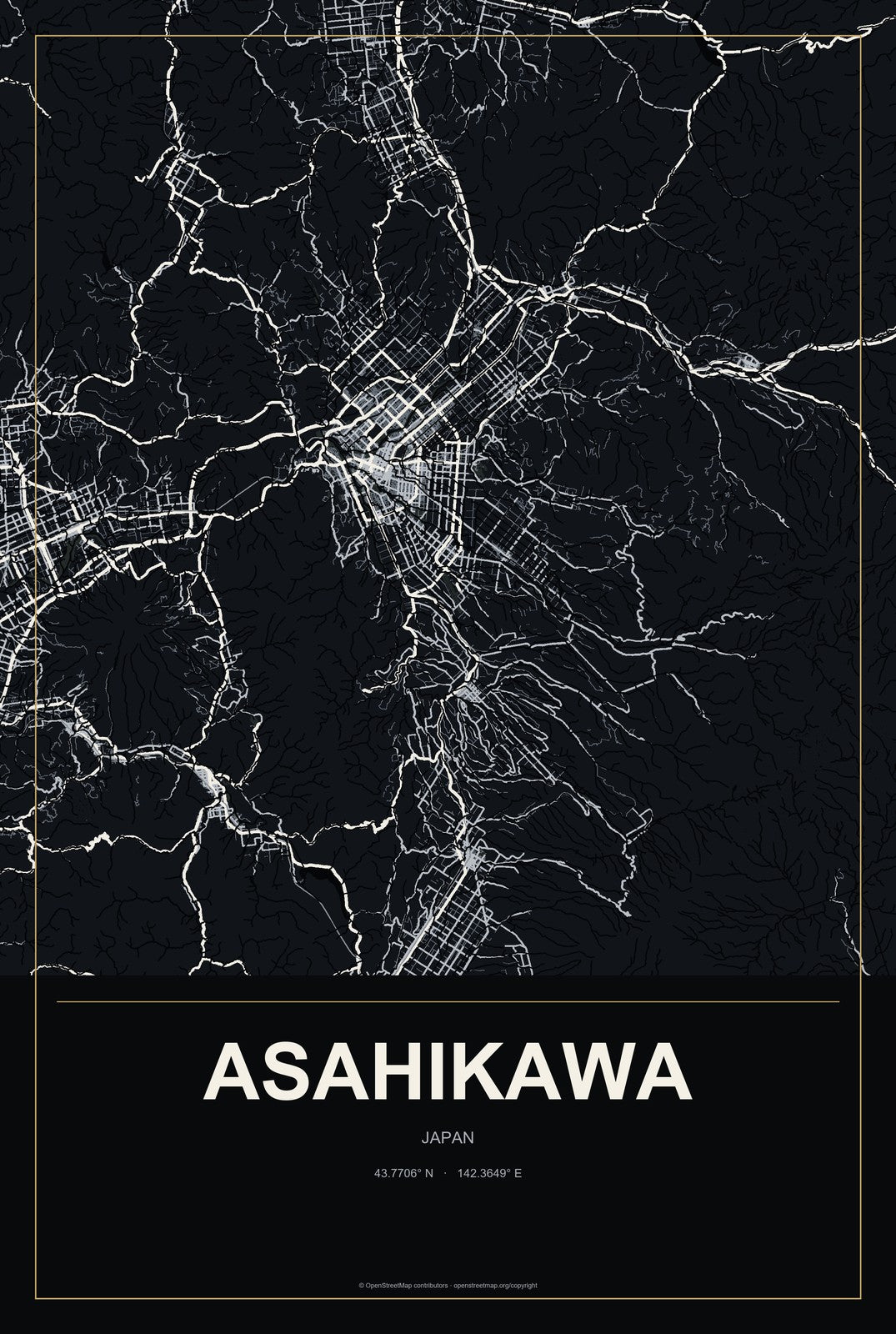 Asahikawa, Japan City Map Aluminum Sign in Metropolitan Noir style