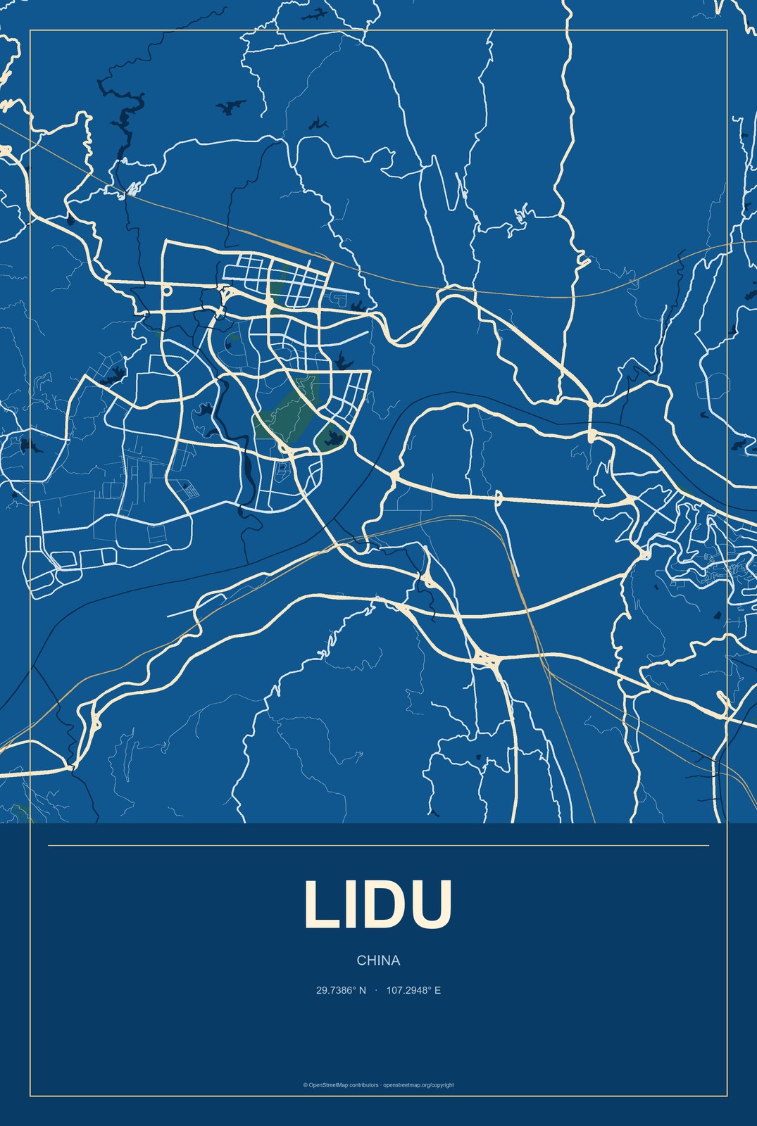 Lidu, China City Map Aluminum Sign in Harbor Cobalt style