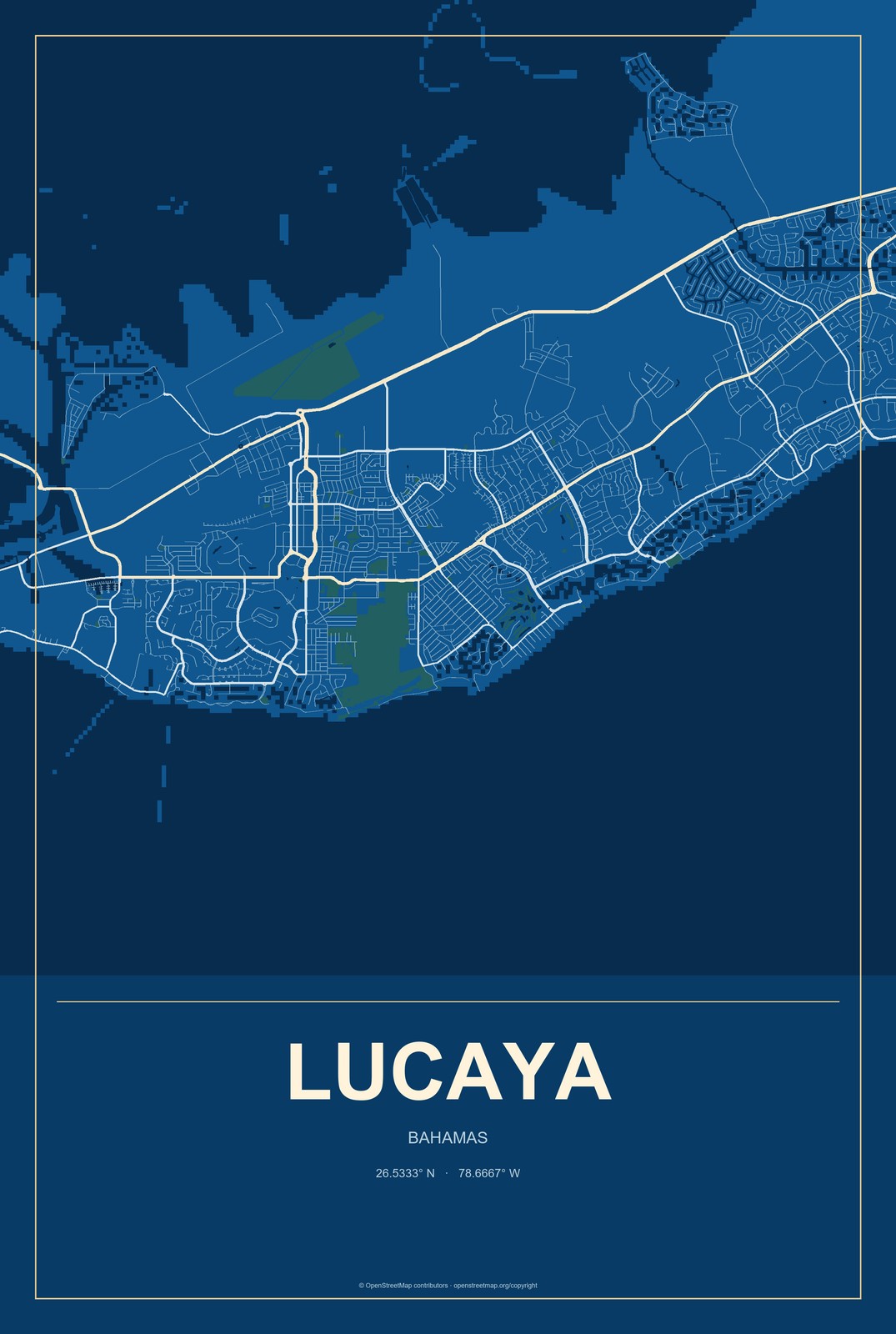 Lucaya, Bahamas City Map Aluminum Sign in Harbor Cobalt style