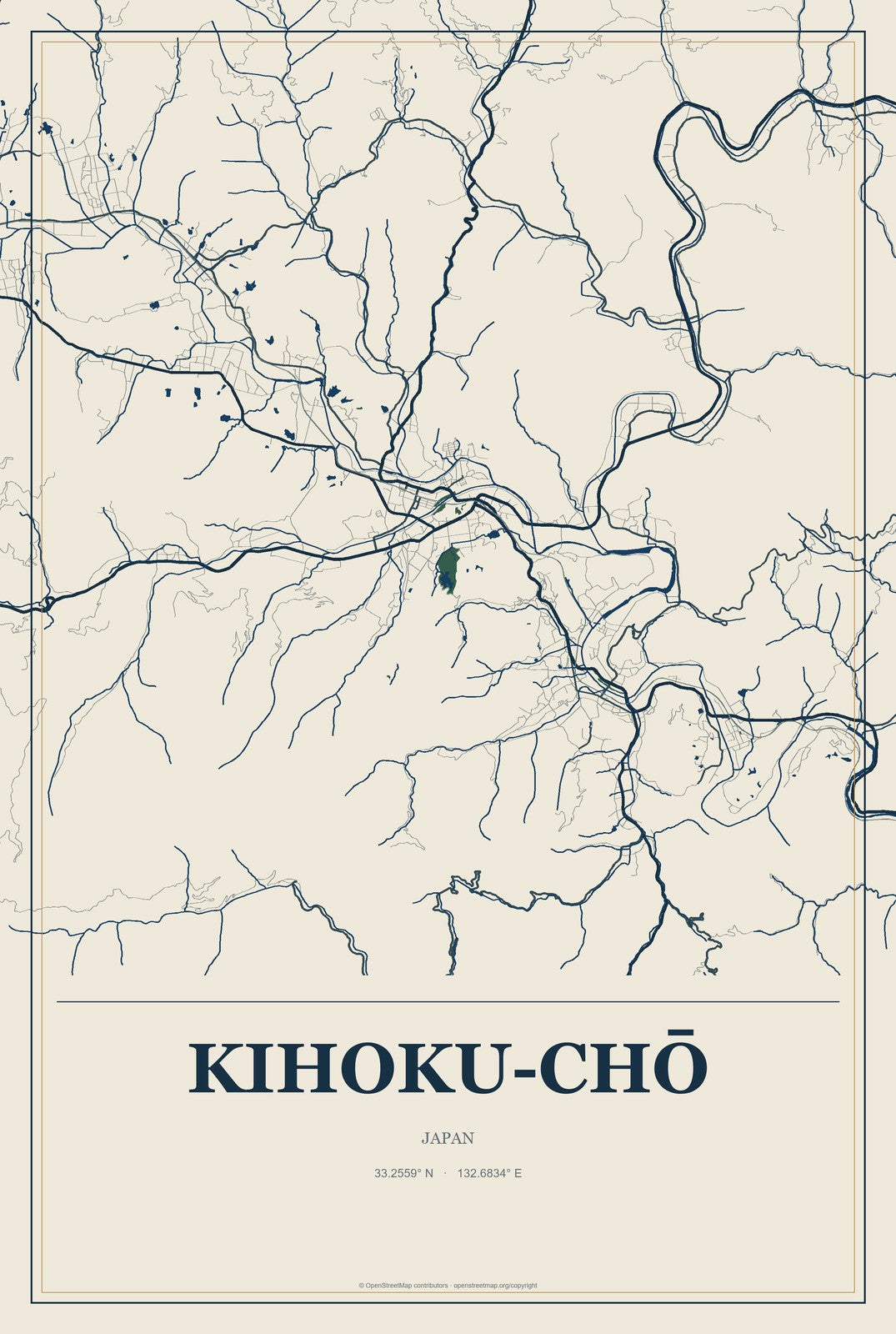 Kihoku-chō, Japan City Map Aluminum Sign in Coastal Cutout style