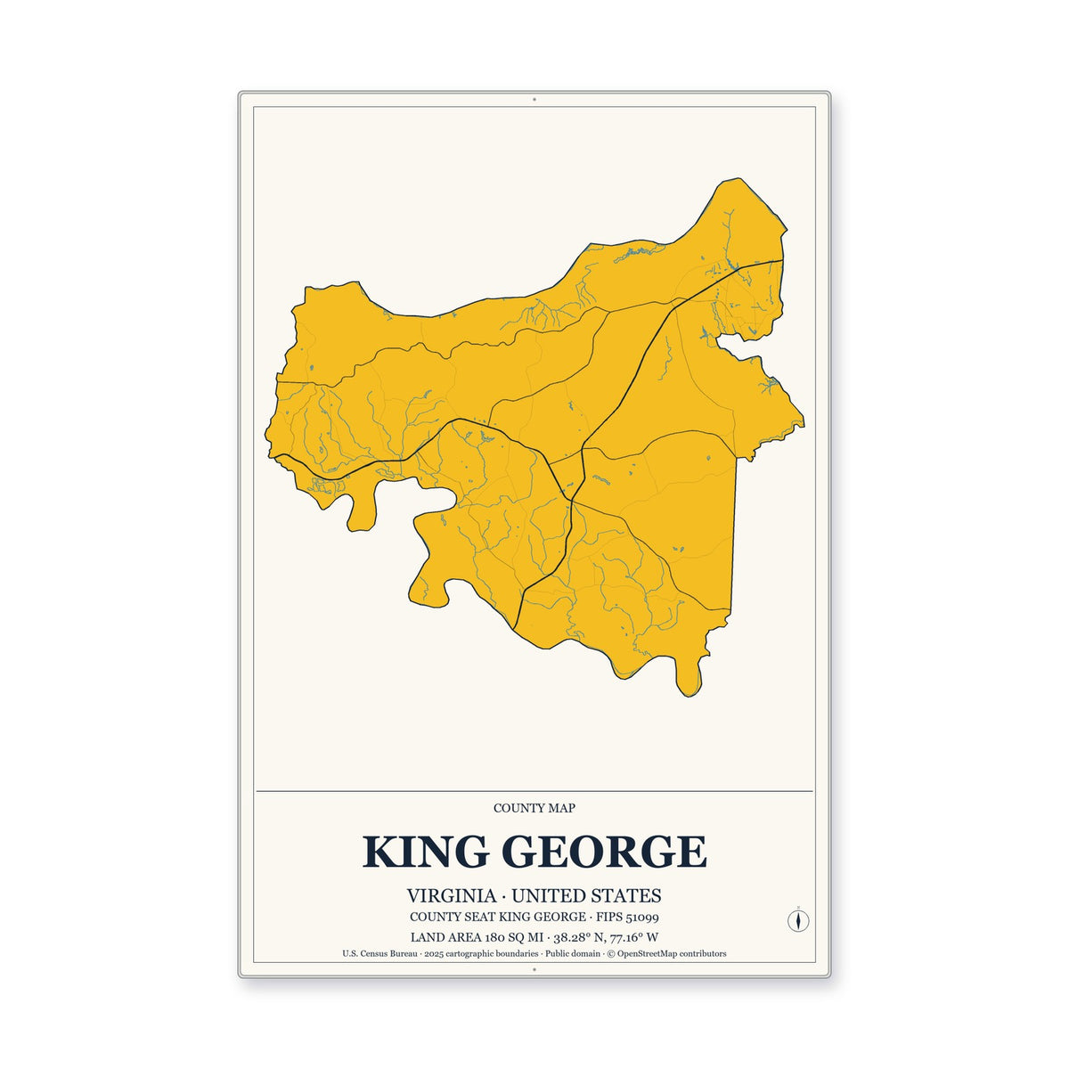 King George County, Virginia Map Aluminum Sign in Citrine Modern style