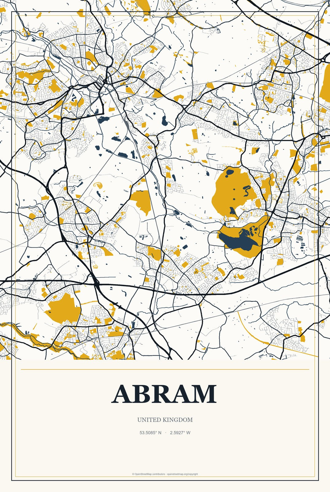 Abram, United Kingdom City Map Aluminum Sign in Citrine Modern style
