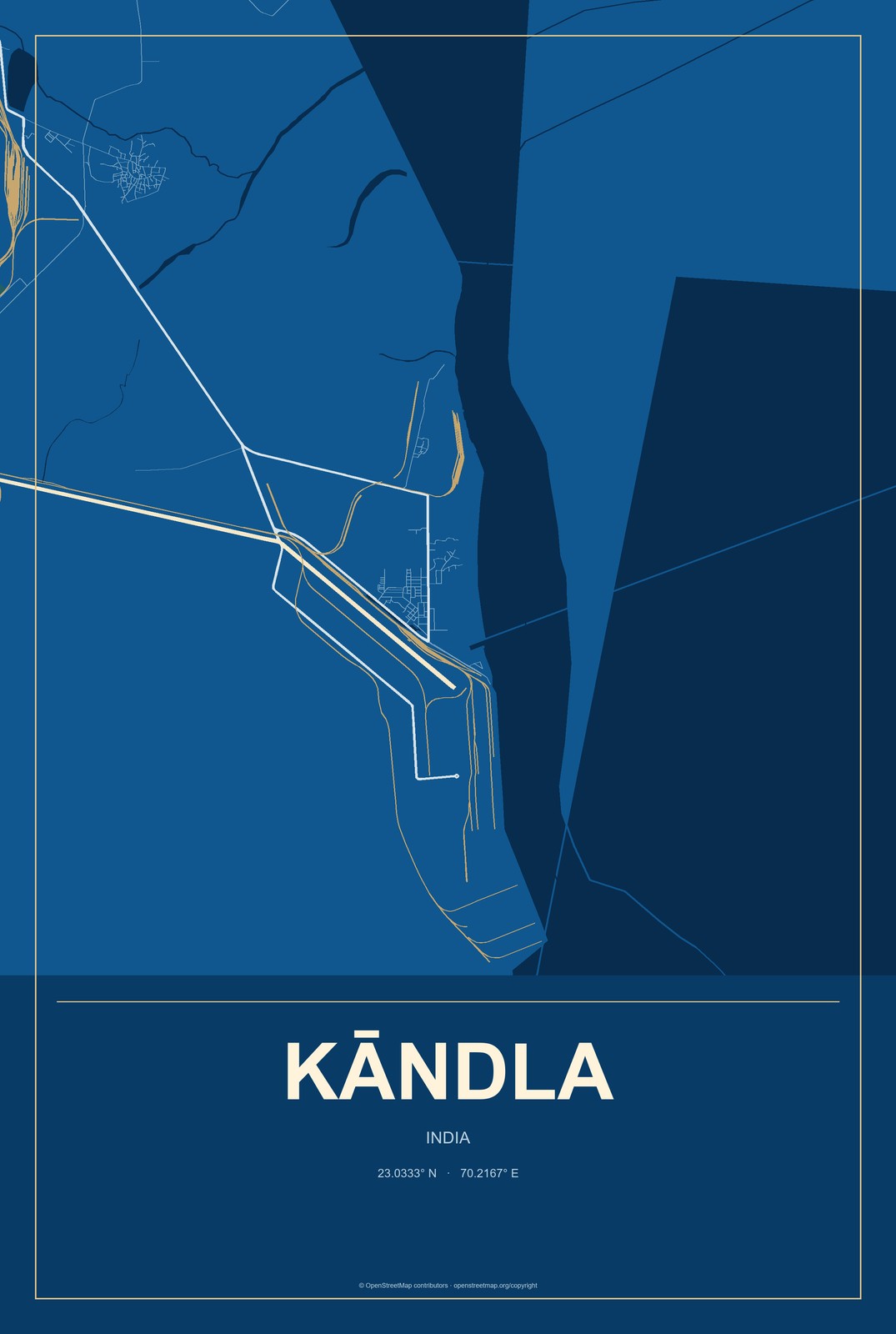 Kāndla, India City Map Aluminum Sign in Harbor Cobalt style
