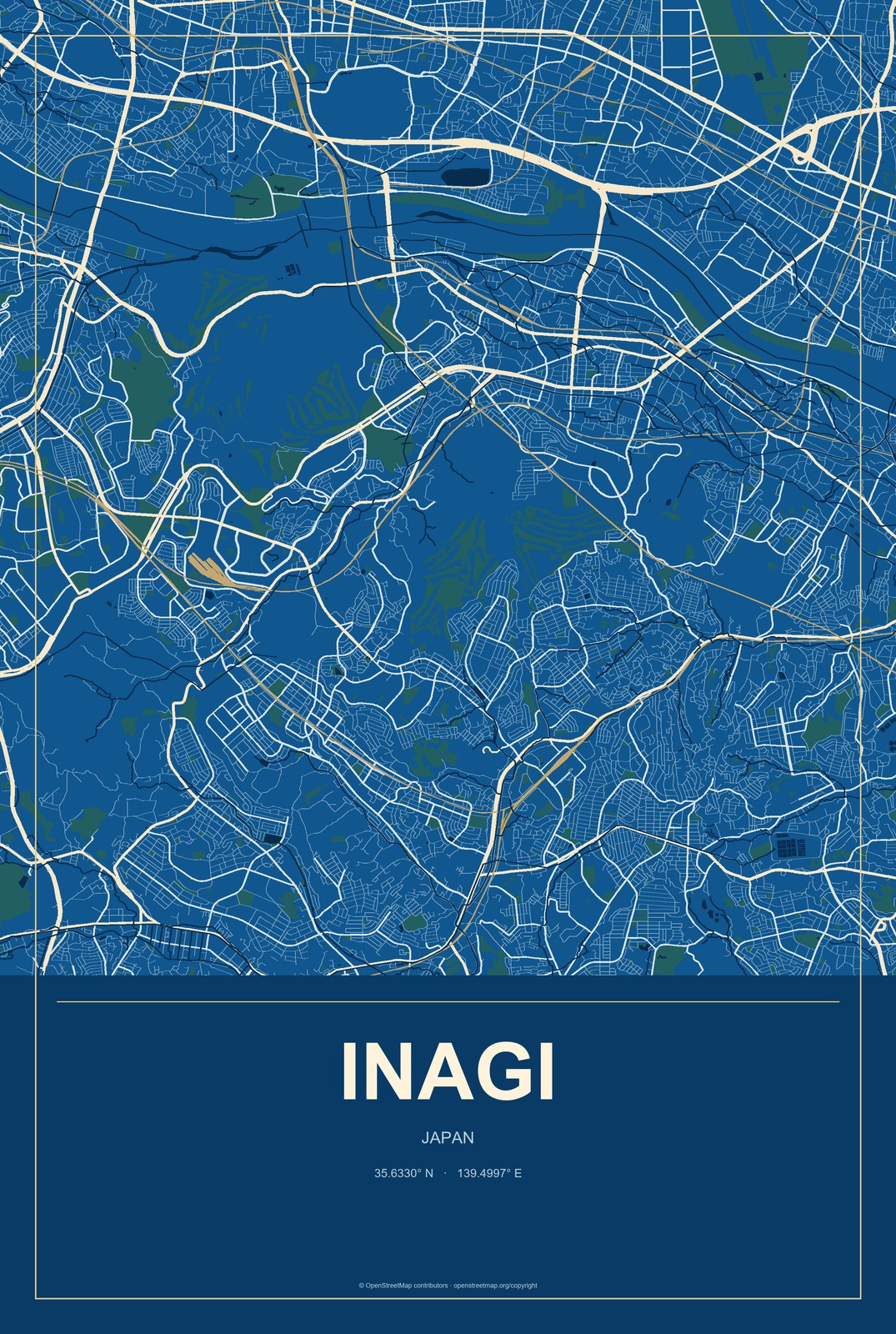Inagi, Japan City Map Aluminum Sign in Harbor Cobalt style