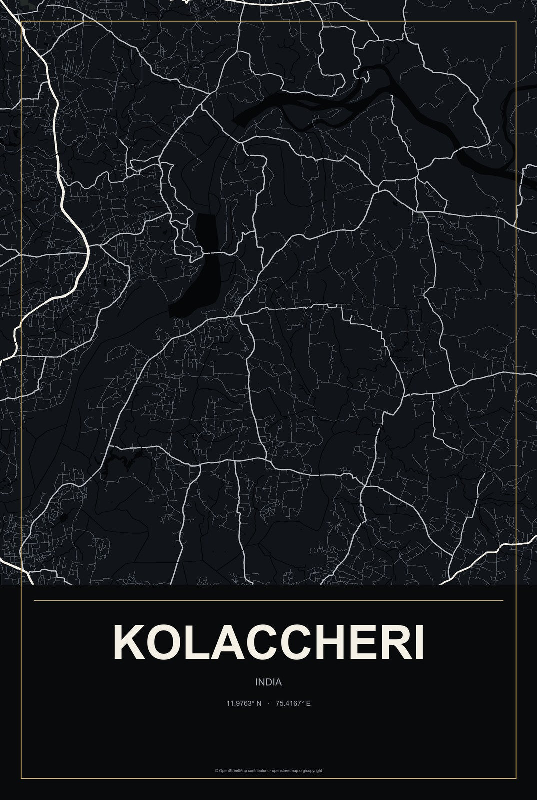 Kolaccheri, India City Map Aluminum Sign in Metropolitan Noir style