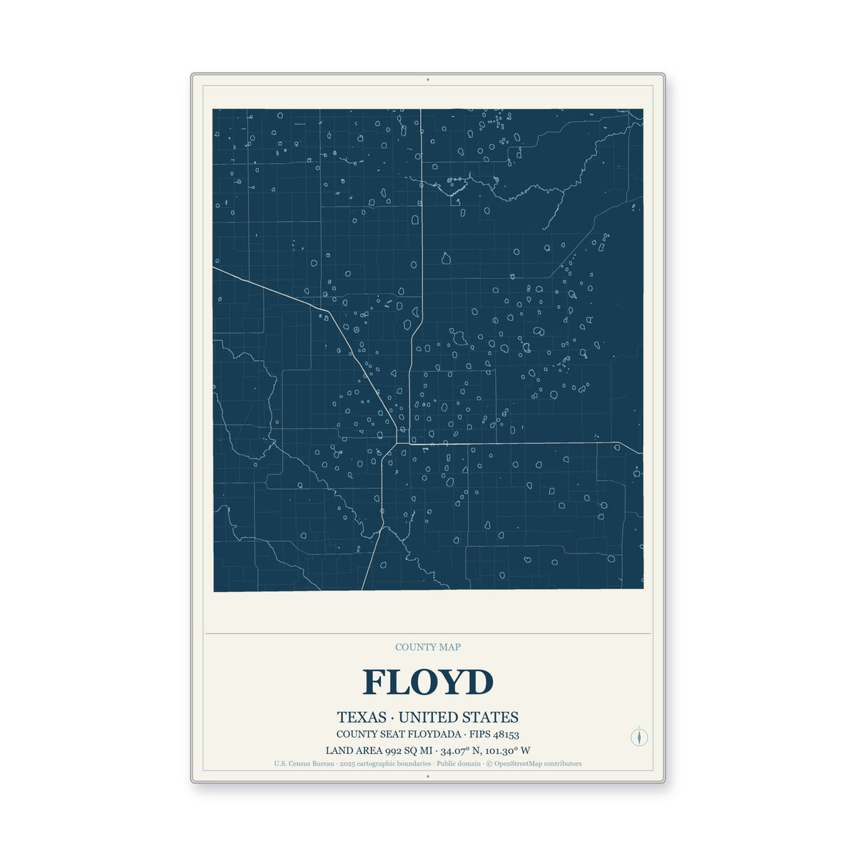 Floyd County, Texas Map Aluminum Sign in Coastal Cutout style