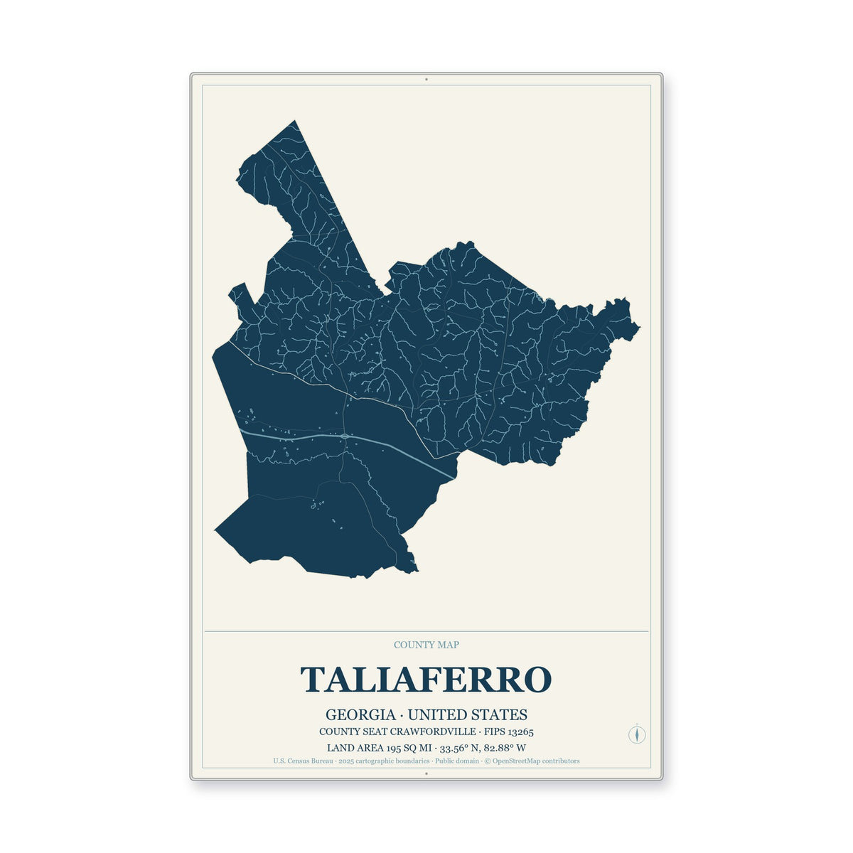 Taliaferro County, Georgia Map Aluminum Sign in Coastal Cutout style