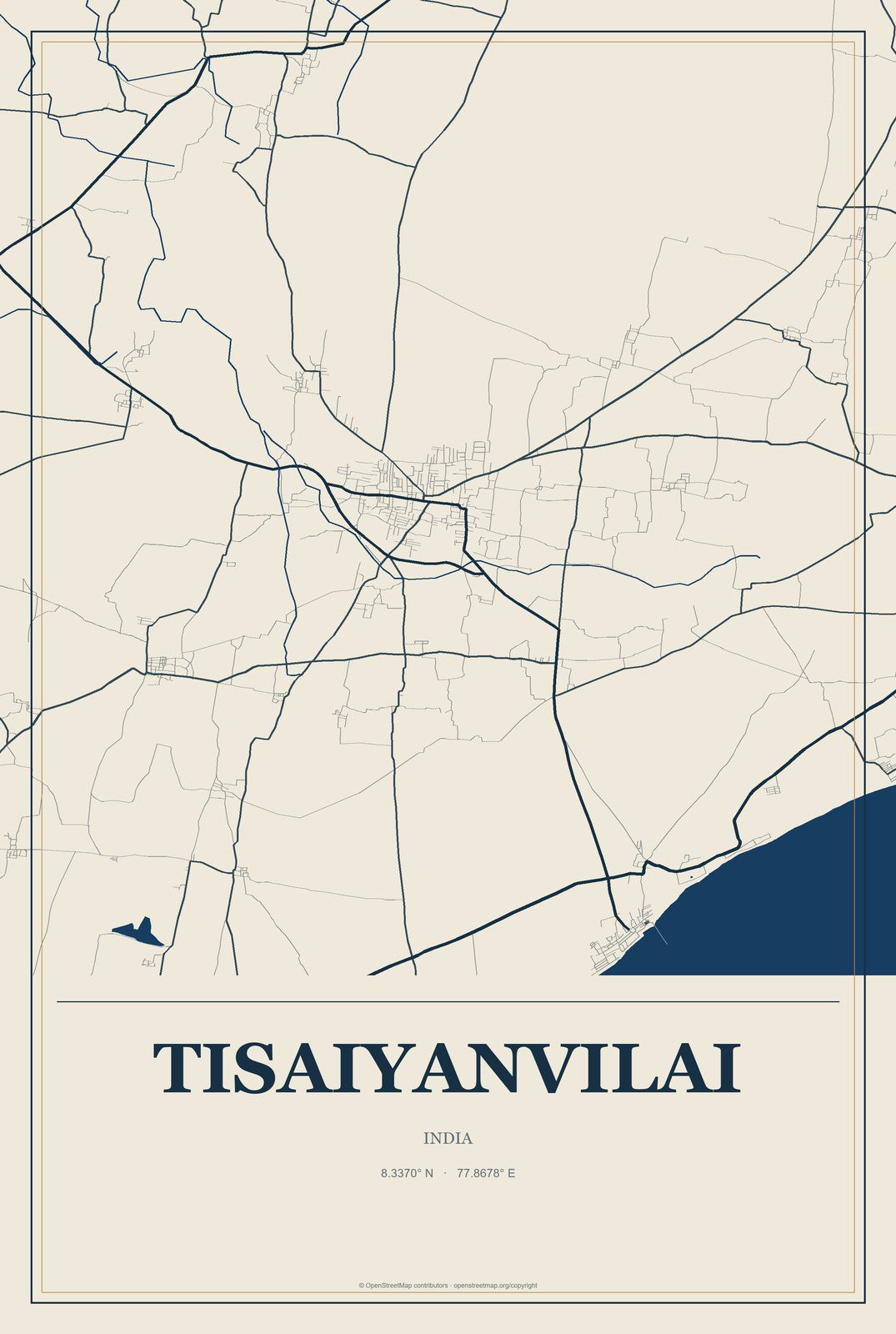 Tisaiyanvilai, India City Map Aluminum Sign in Coastal Cutout style