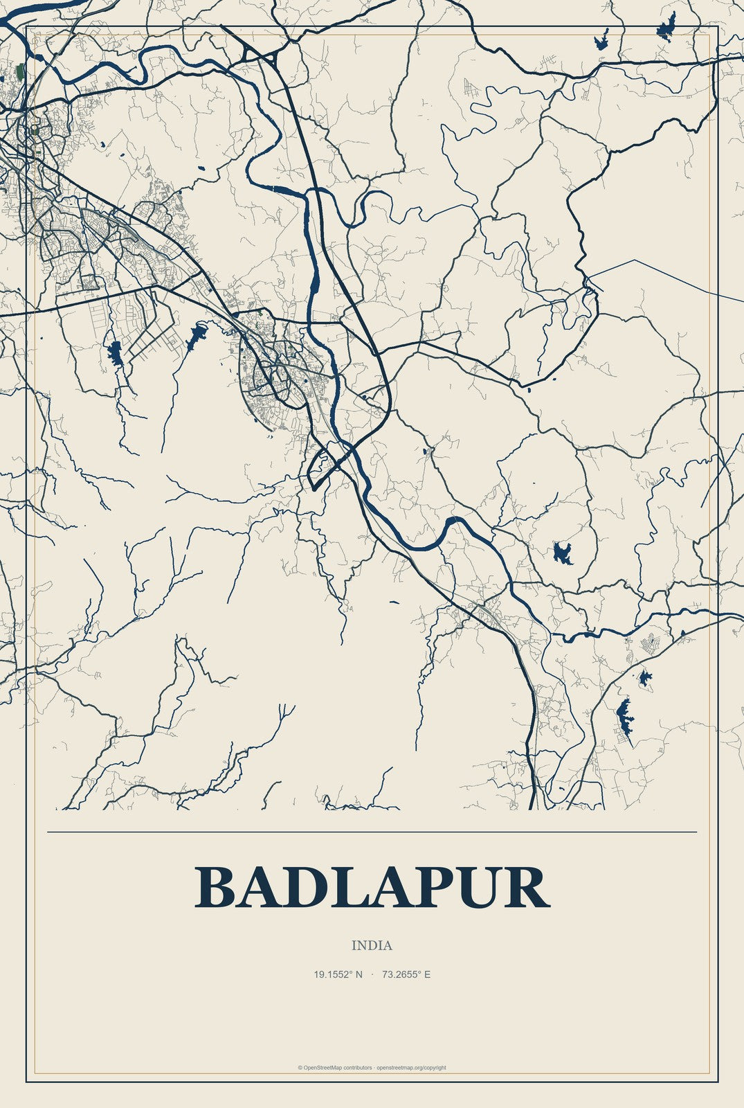 Badlapur, India City Map Aluminum Sign in Coastal Cutout style