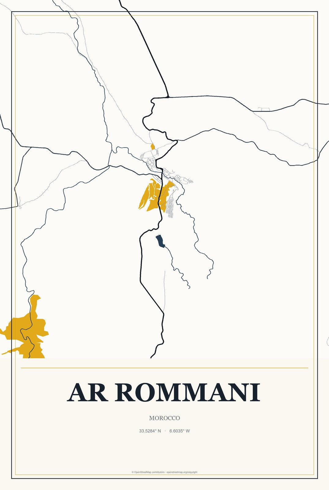 Ar Rommani, Morocco City Map Aluminum Sign in Citrine Modern style