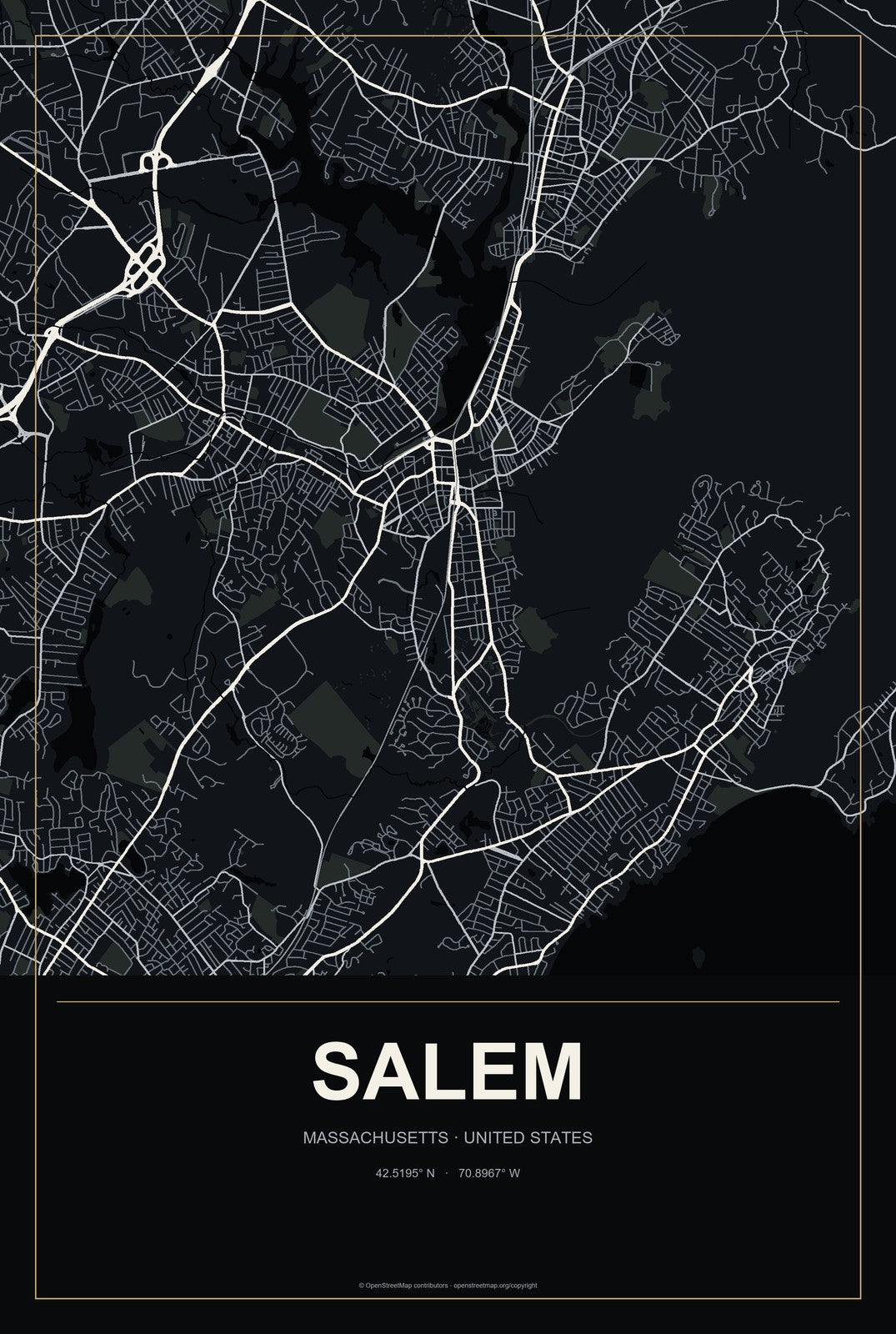 Salem, Massachusetts City Map Aluminum Sign in Metropolitan Noir style
