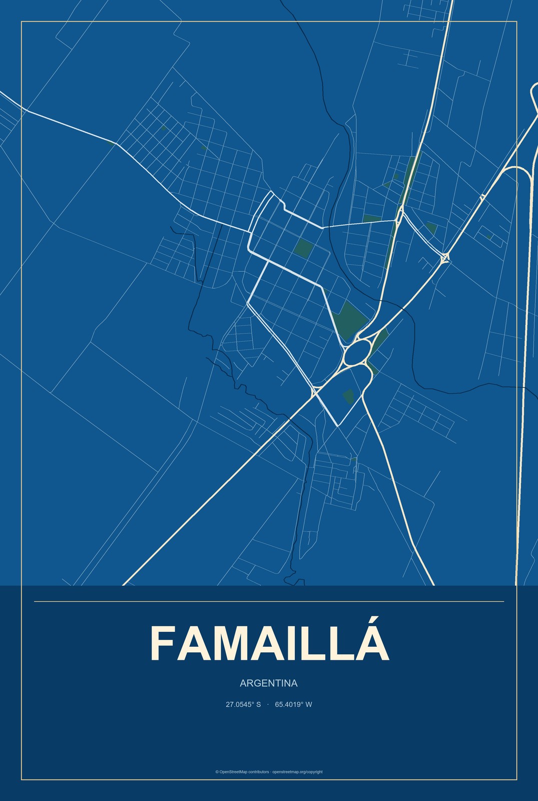 Famaillá, Argentina City Map Aluminum Sign in Harbor Cobalt style