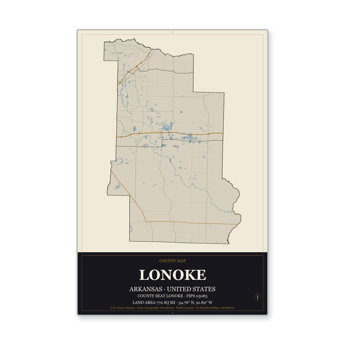 Lonoke County, Arkansas Map Aluminum Sign in Museum Plaque style