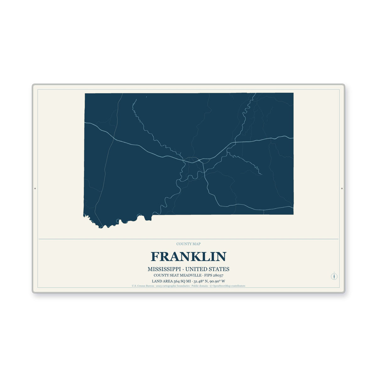 Franklin County, Mississippi Map Aluminum Sign in Coastal Cutout style