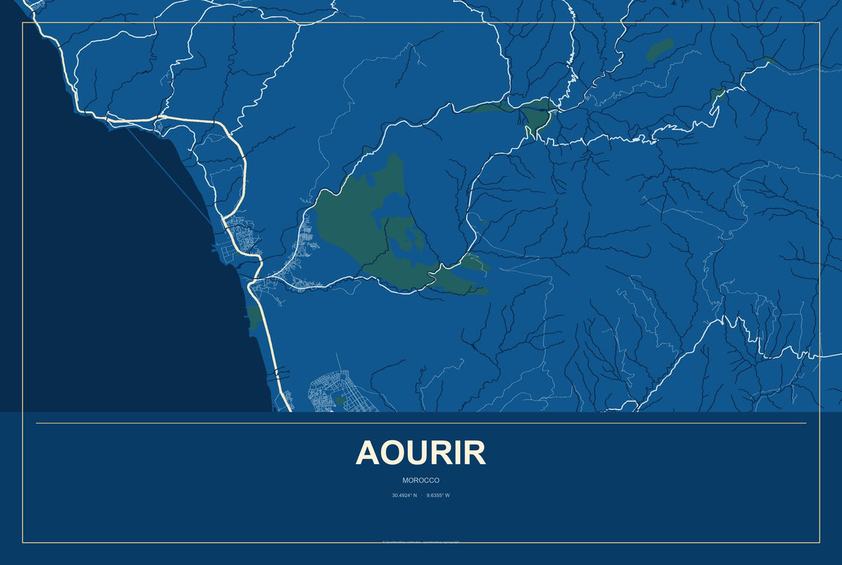 Aourir, Morocco City Map Aluminum Sign in Harbor Cobalt style
