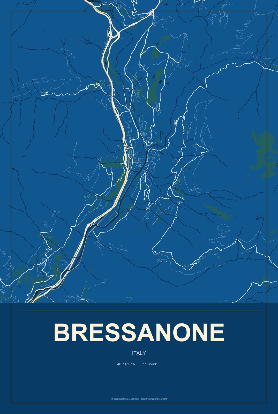 Bressanone, Italy City Map Aluminum Sign in Harbor Cobalt style