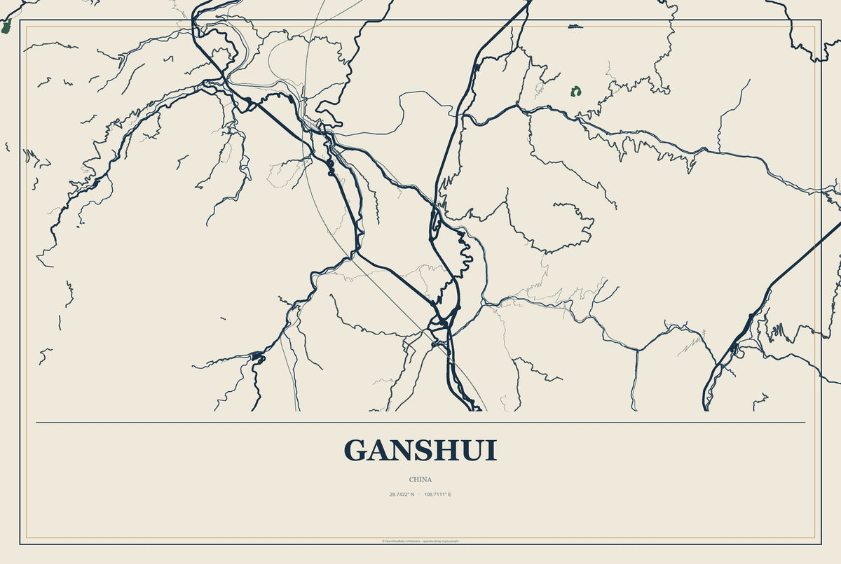 Ganshui, China City Map Aluminum Sign in Coastal Cutout style
