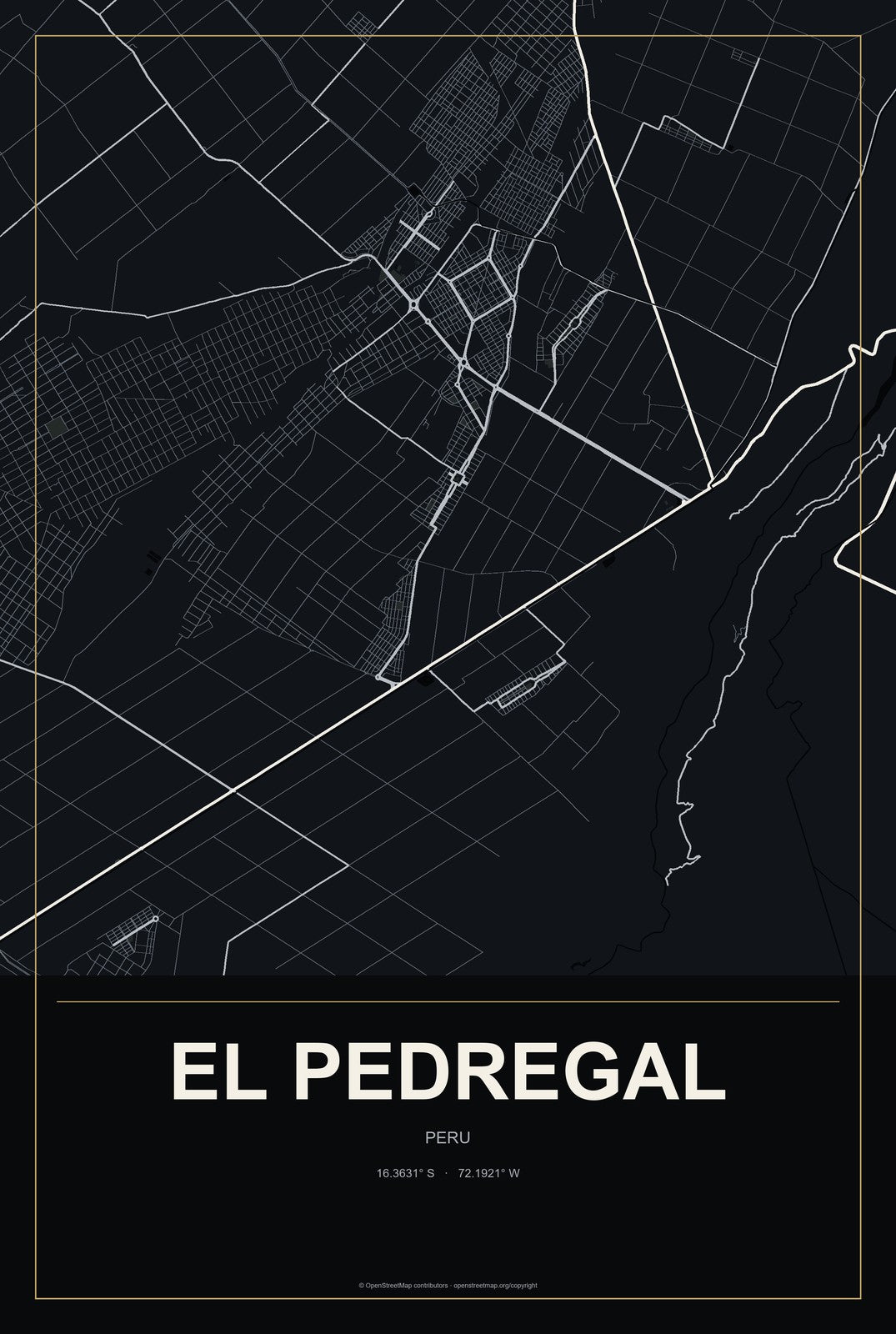 El Pedregal, Peru City Map Aluminum Sign in Metropolitan Noir style