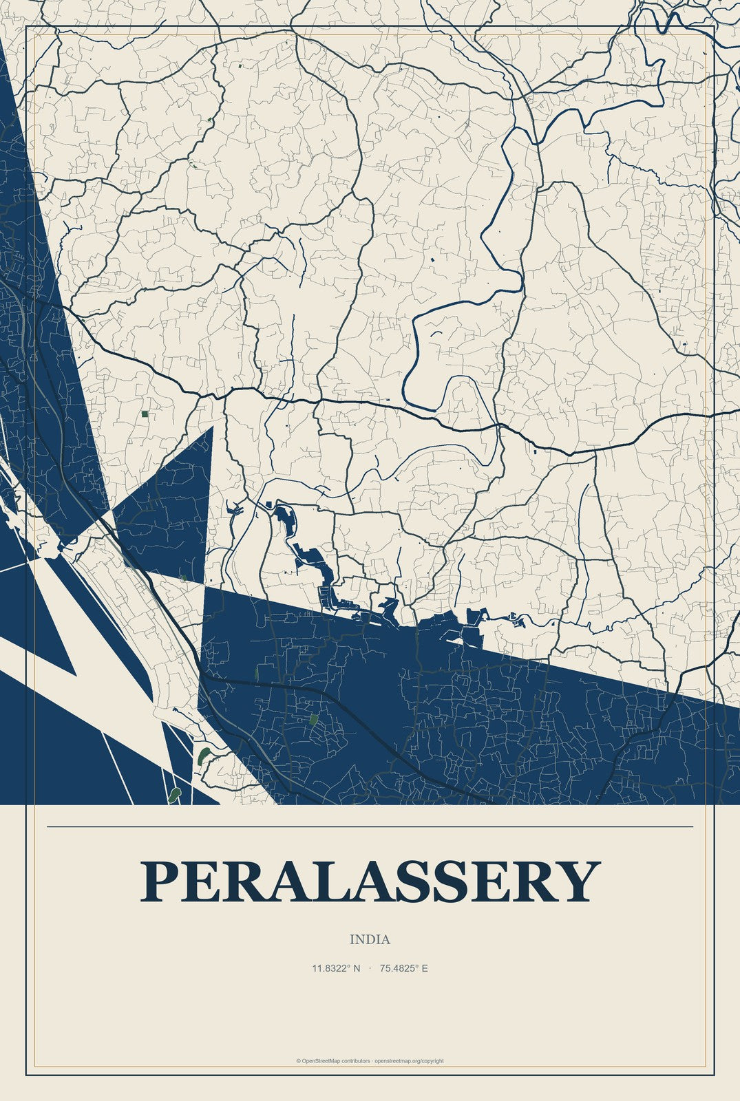 Peralassery, India City Map Aluminum Sign in Coastal Cutout style