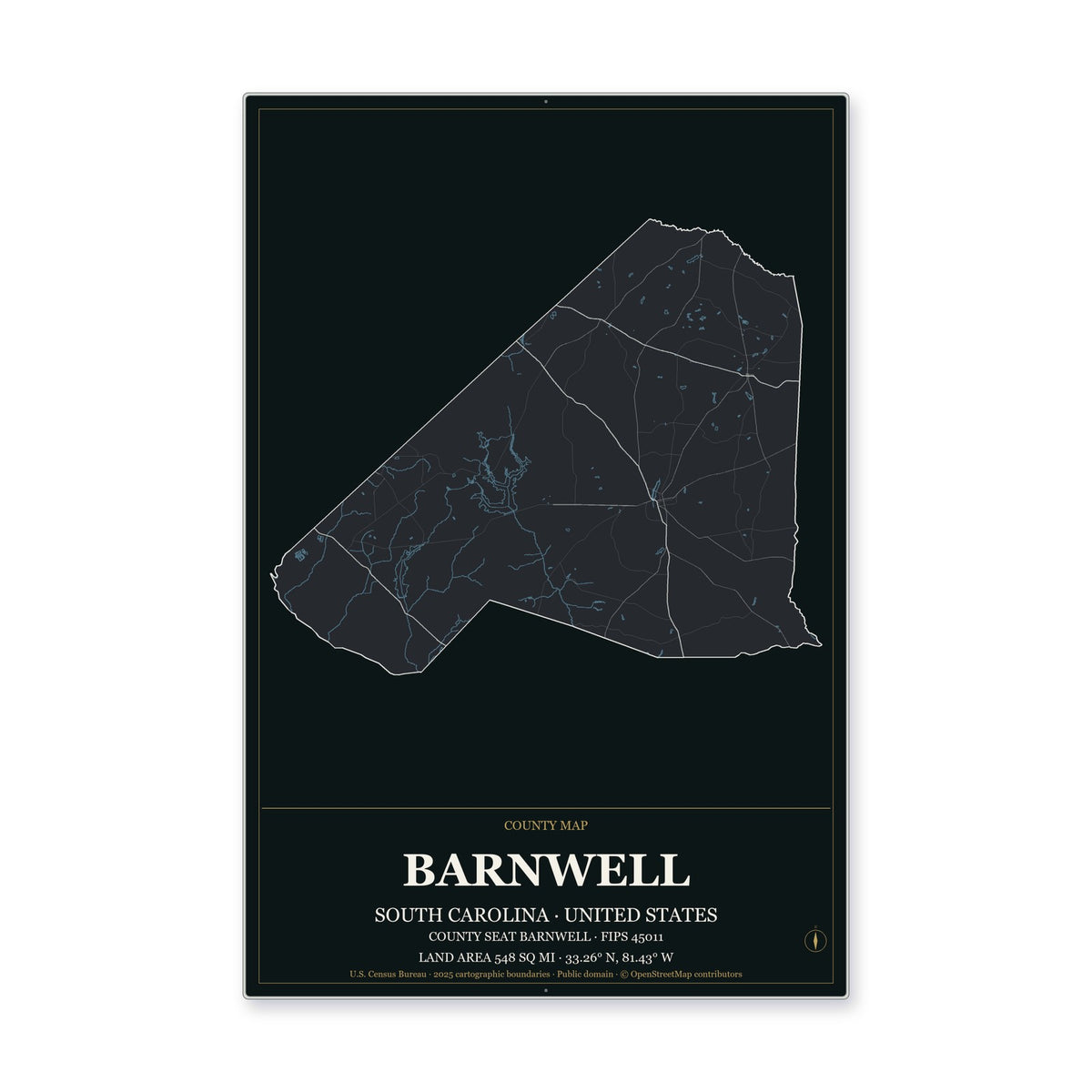 Barnwell County, South Carolina Map Aluminum Sign in Metropolitan Noir style