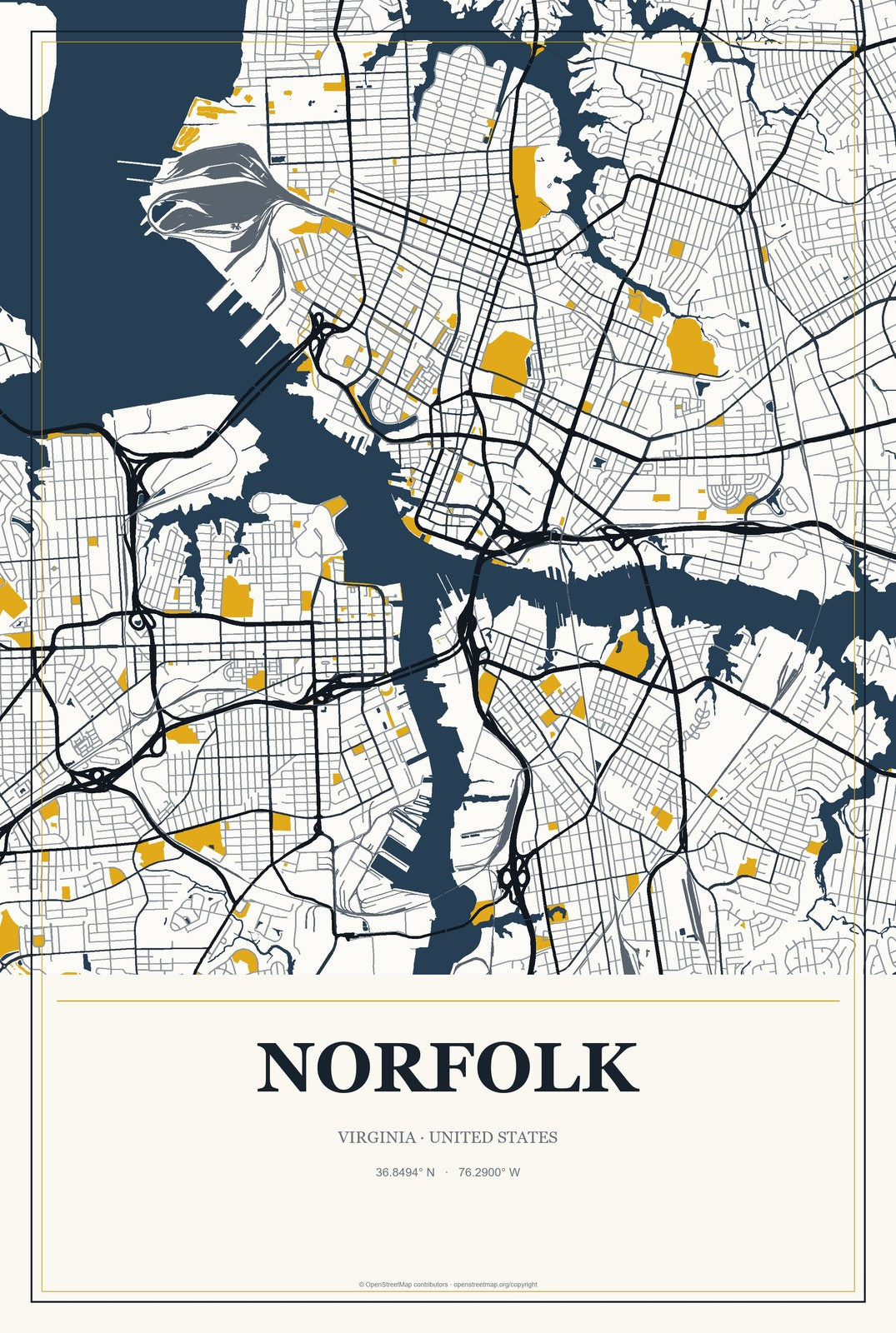 Norfolk, Virginia City Map Aluminum Sign in Citrine Modern style