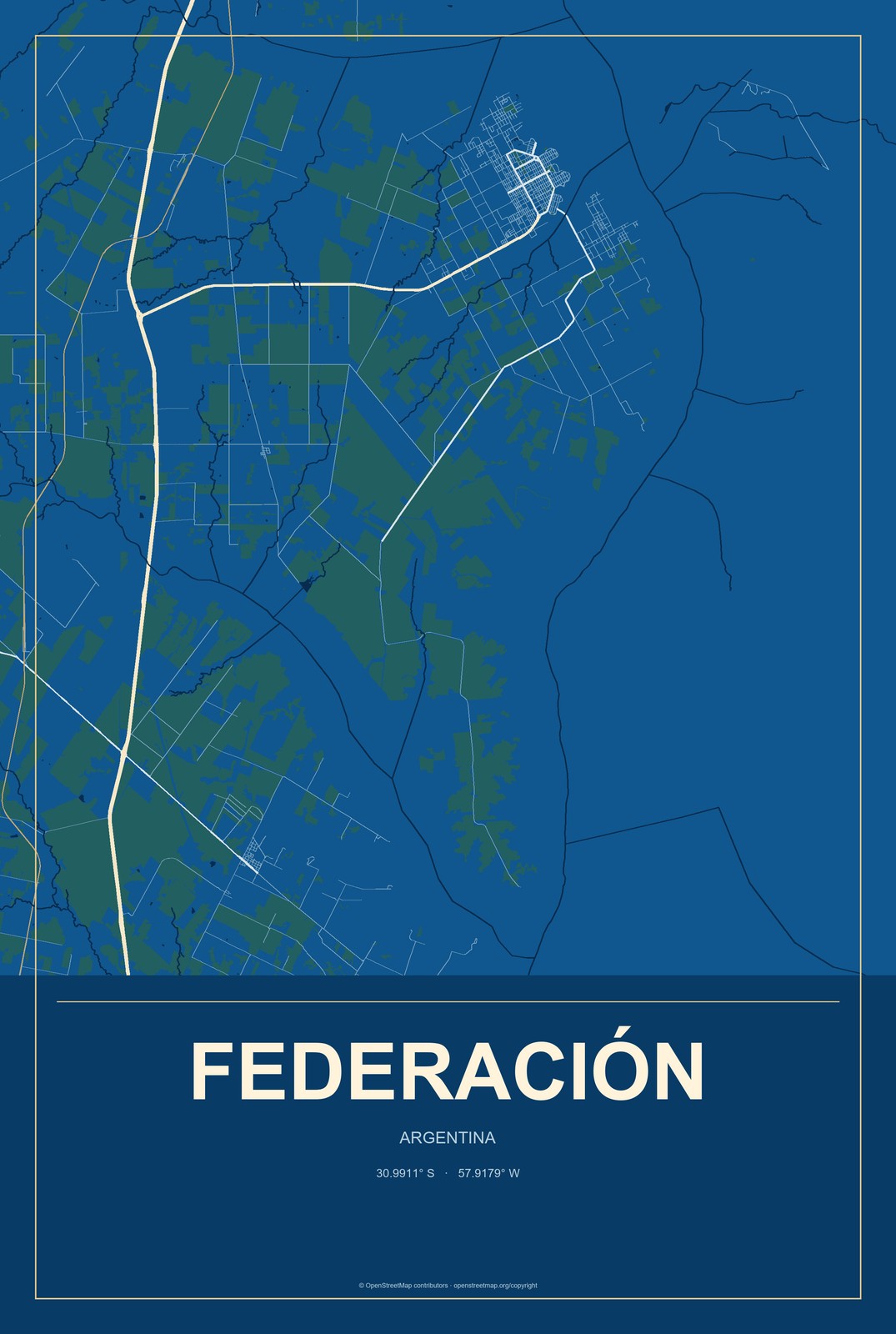 Federación, Argentina City Map Aluminum Sign in Harbor Cobalt style