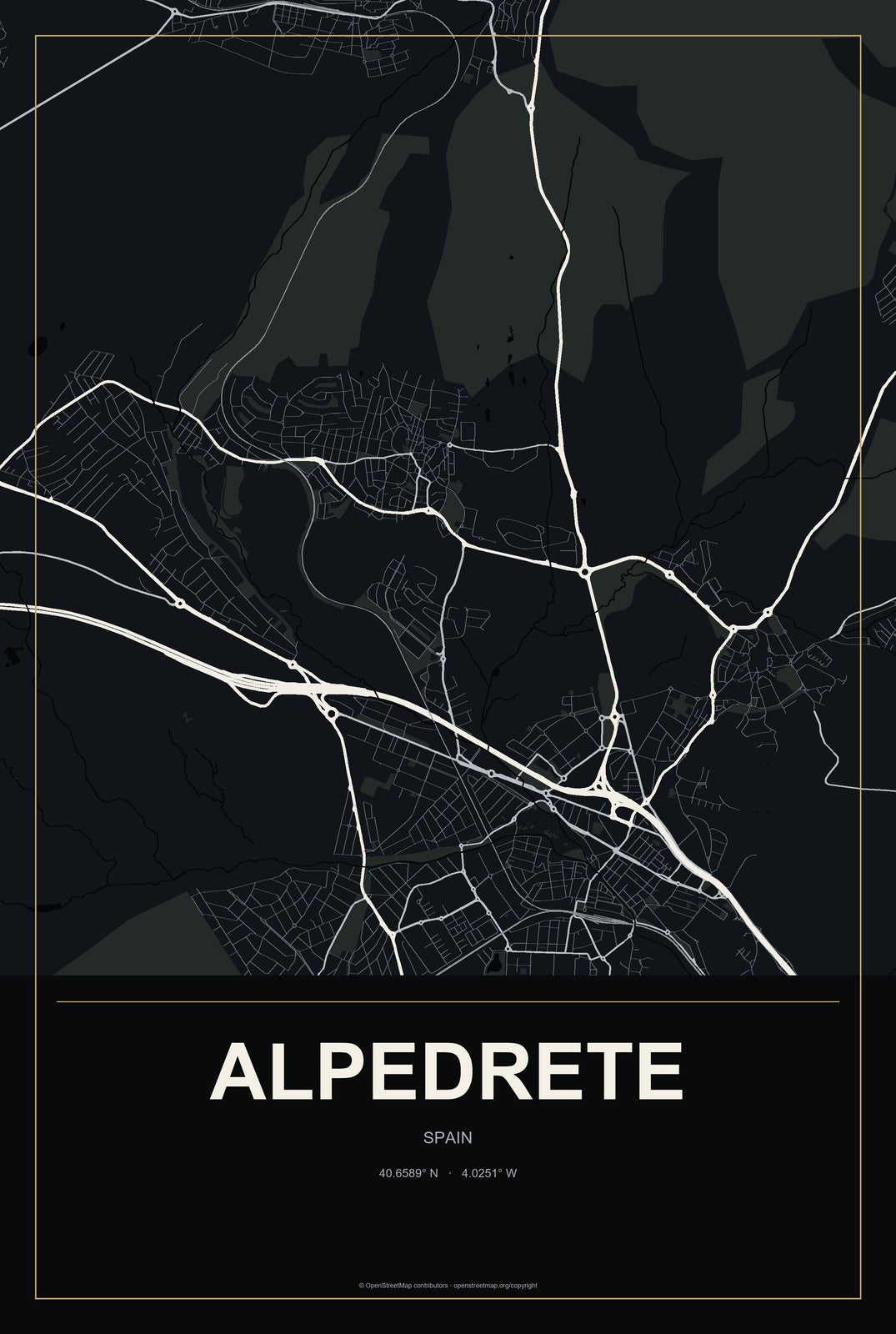 Alpedrete, Spain City Map Aluminum Sign in Metropolitan Noir style