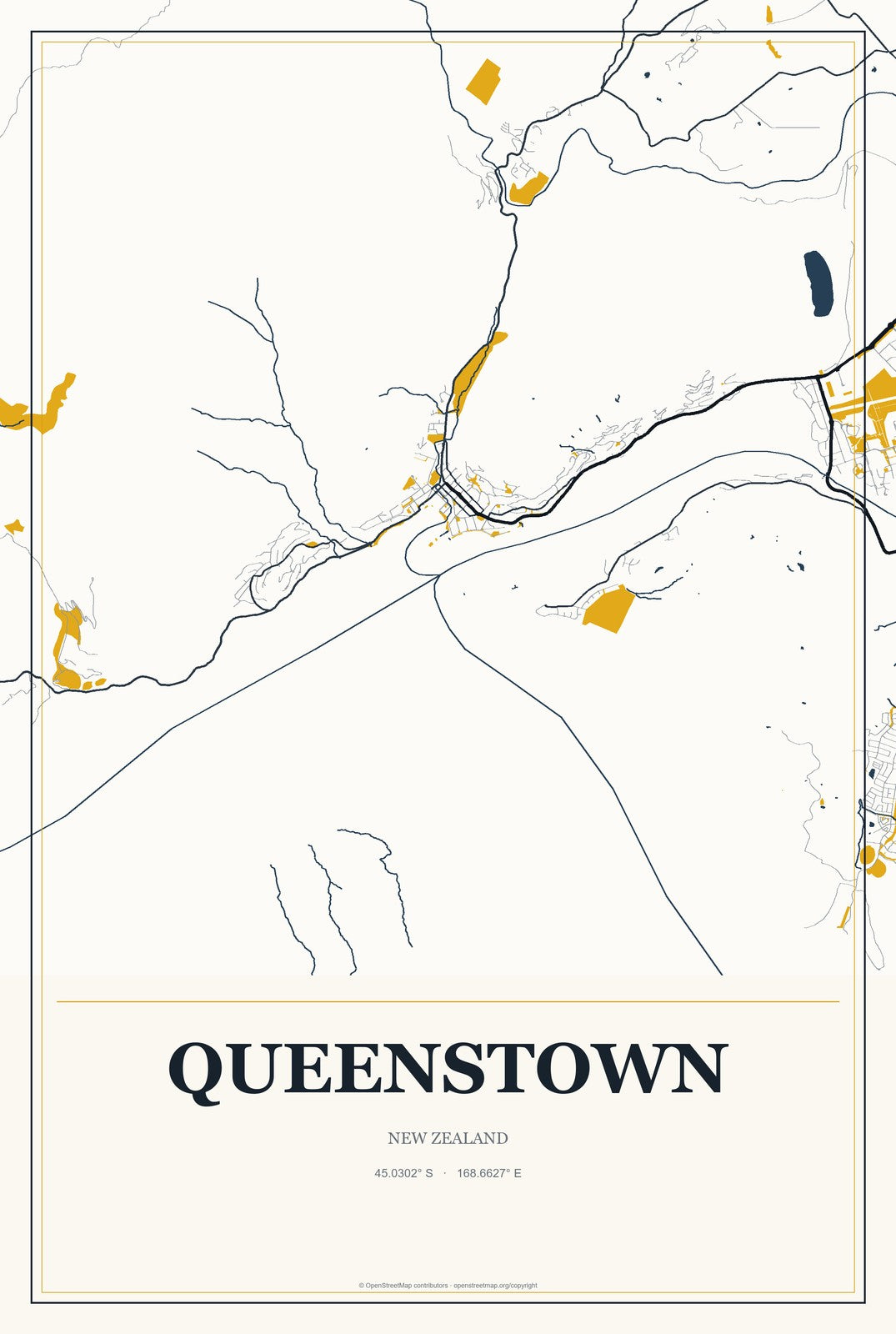 Queenstown, New Zealand City Map Aluminum Sign in Citrine Modern style