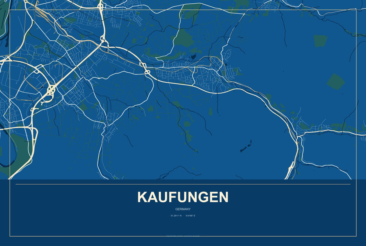 Kaufungen, Germany City Map Aluminum Sign in Harbor Cobalt style