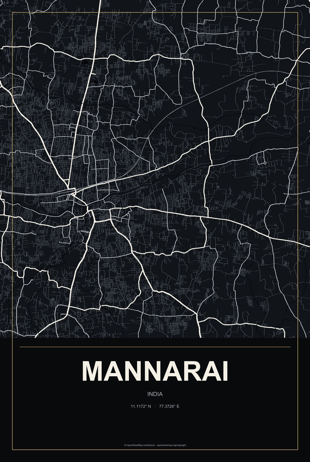 Mannarai, India City Map Aluminum Sign in Metropolitan Noir style