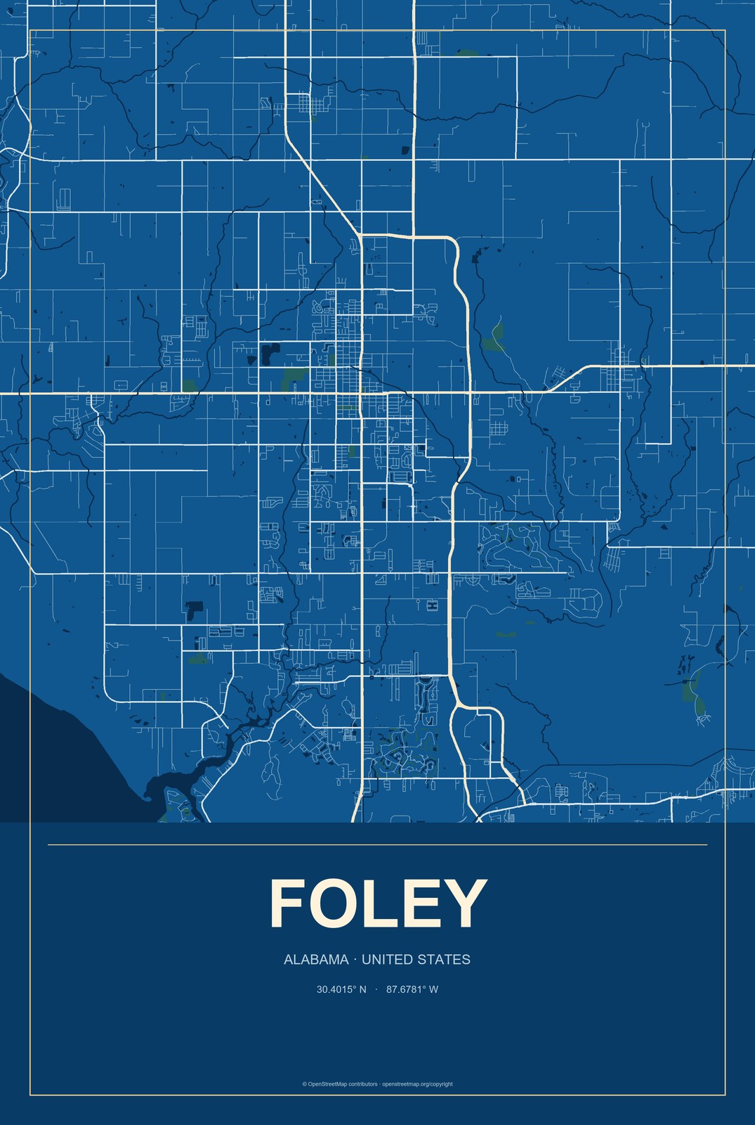 Foley, Alabama City Map Aluminum Sign in Harbor Cobalt style