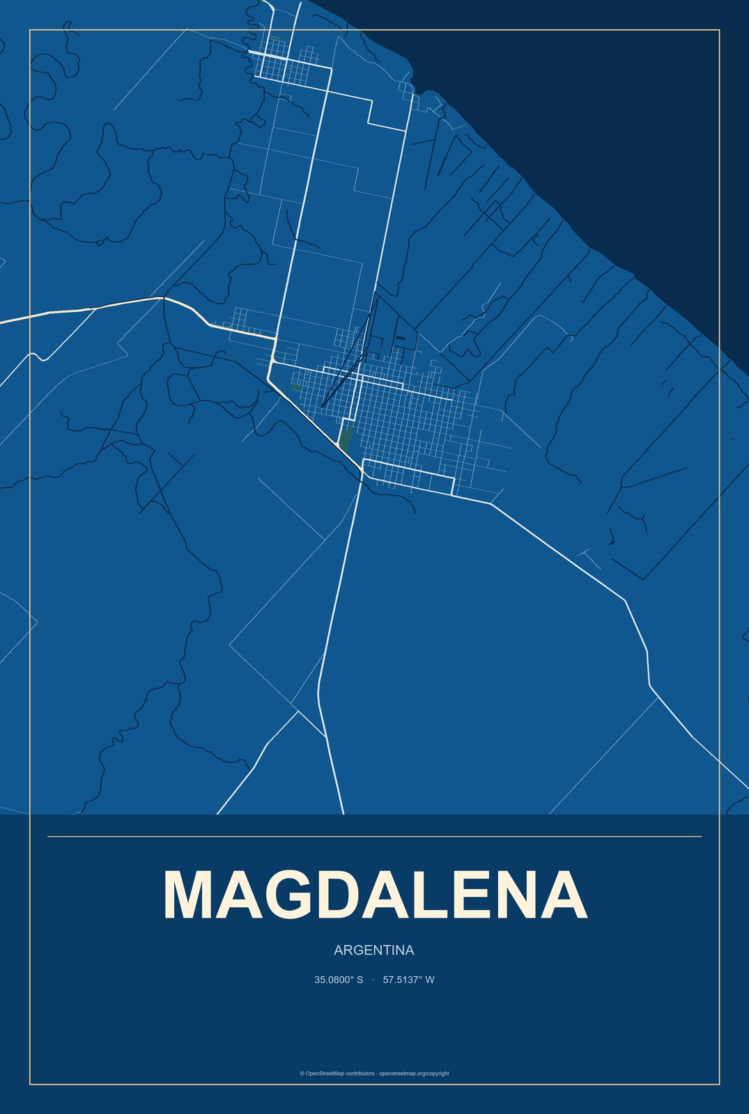 Magdalena, Argentina City Map Aluminum Sign in Harbor Cobalt style
