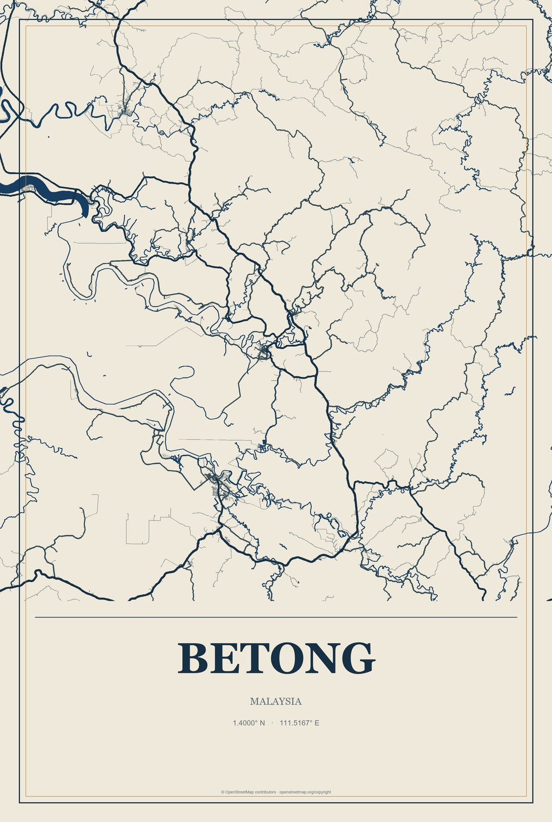 Betong, Malaysia City Map Aluminum Sign in Coastal Cutout style