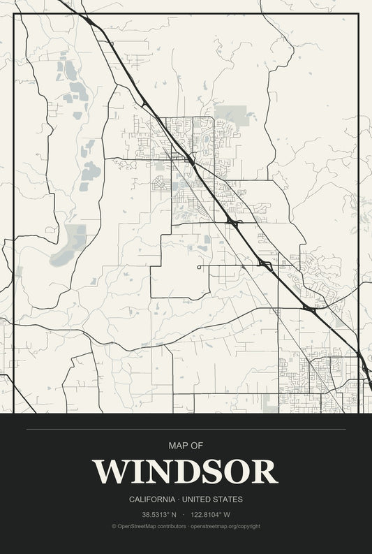Windsor, California City Map Aluminum Sign in Museum Plaque style